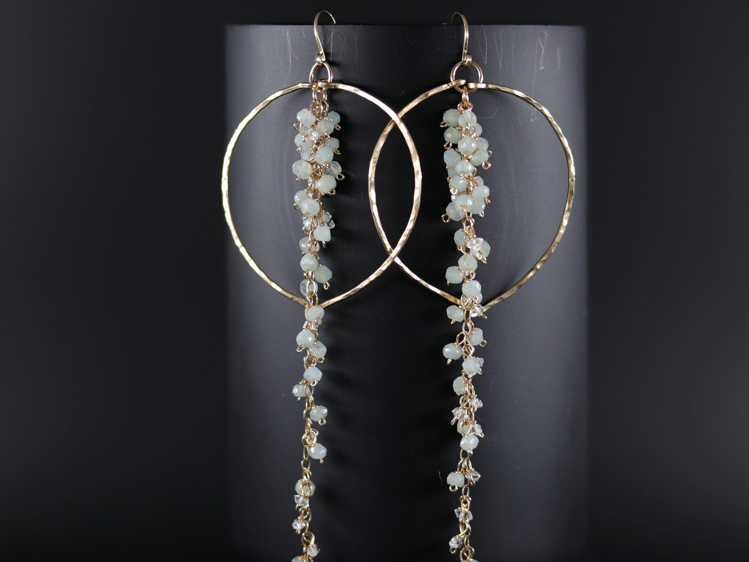 Aquamarine Herkimer Vine Tassel Earrings, 14K Gold Filled Waterfall Duster, Statement Jewelry