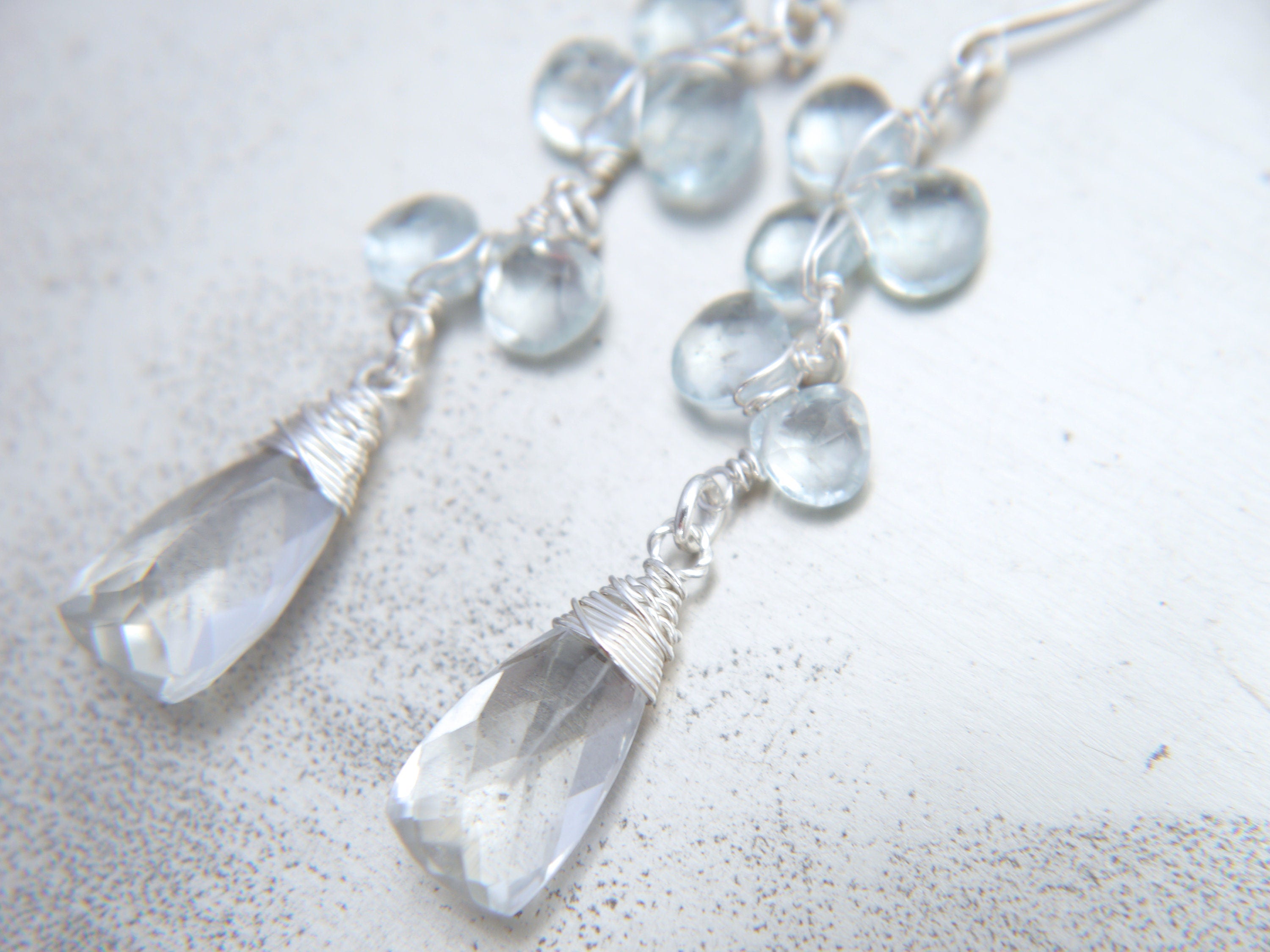 Aquamarine Quartz Trillion Hoop Gemstone Earrings, Sterling Silver, Garden Wedding