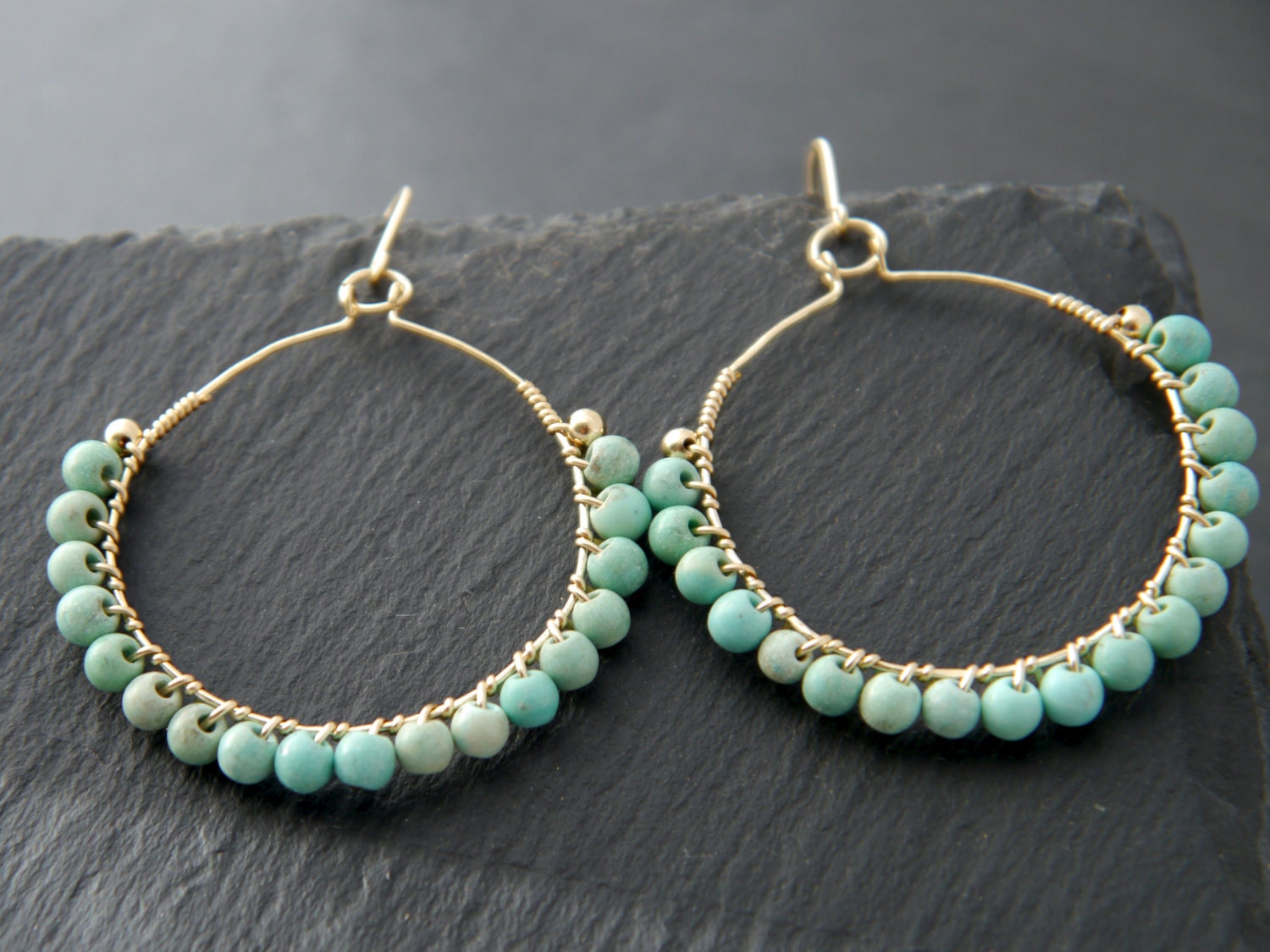Turquoise Magnesite Hoop Gemstone Earrings, 14K Gold Filled Boho Chic