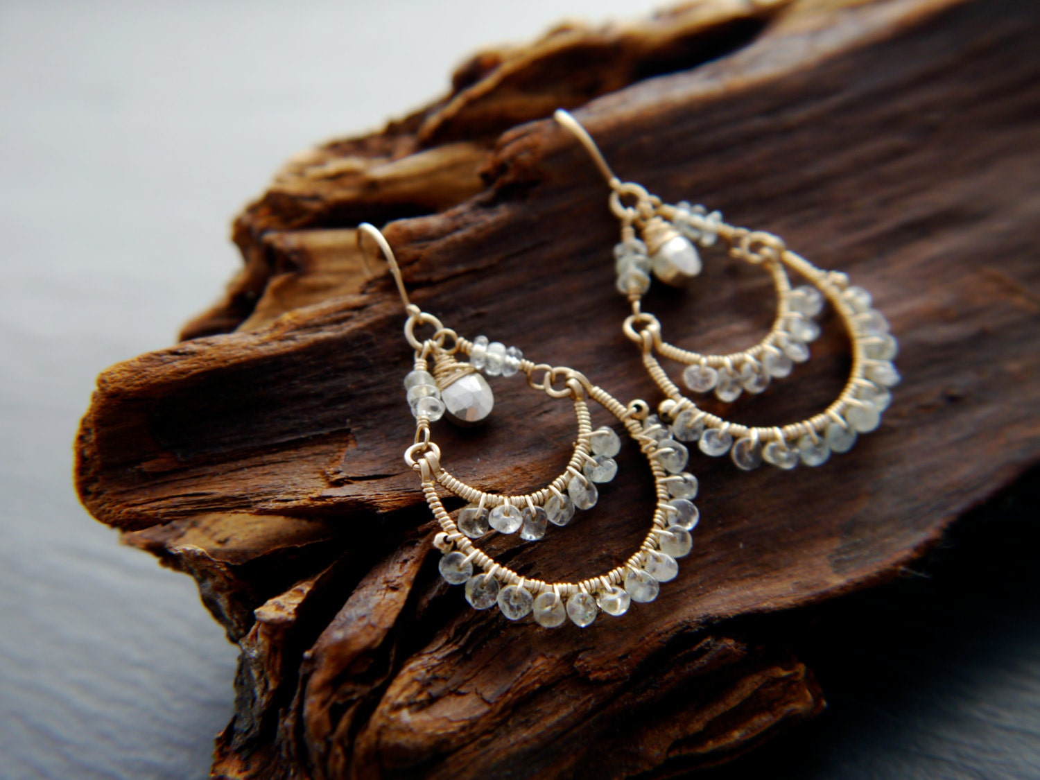 Aquamarine Pyrite Tiered Chandelier Gemstone Earrings, 14K Gold Filled Bohemian Style