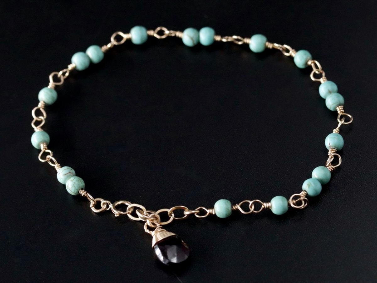Turquoise Magnesite Garnet Gemstone Bracelet, 14K Gold Filled Rosary Chain Boho Style