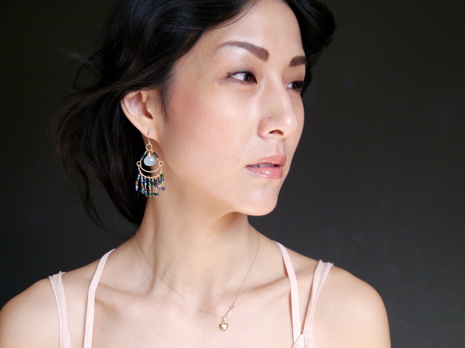 Aqua Chalcedony Chandelier Fringe Gemstone Earrings, 14K Gold Filled Boho Style