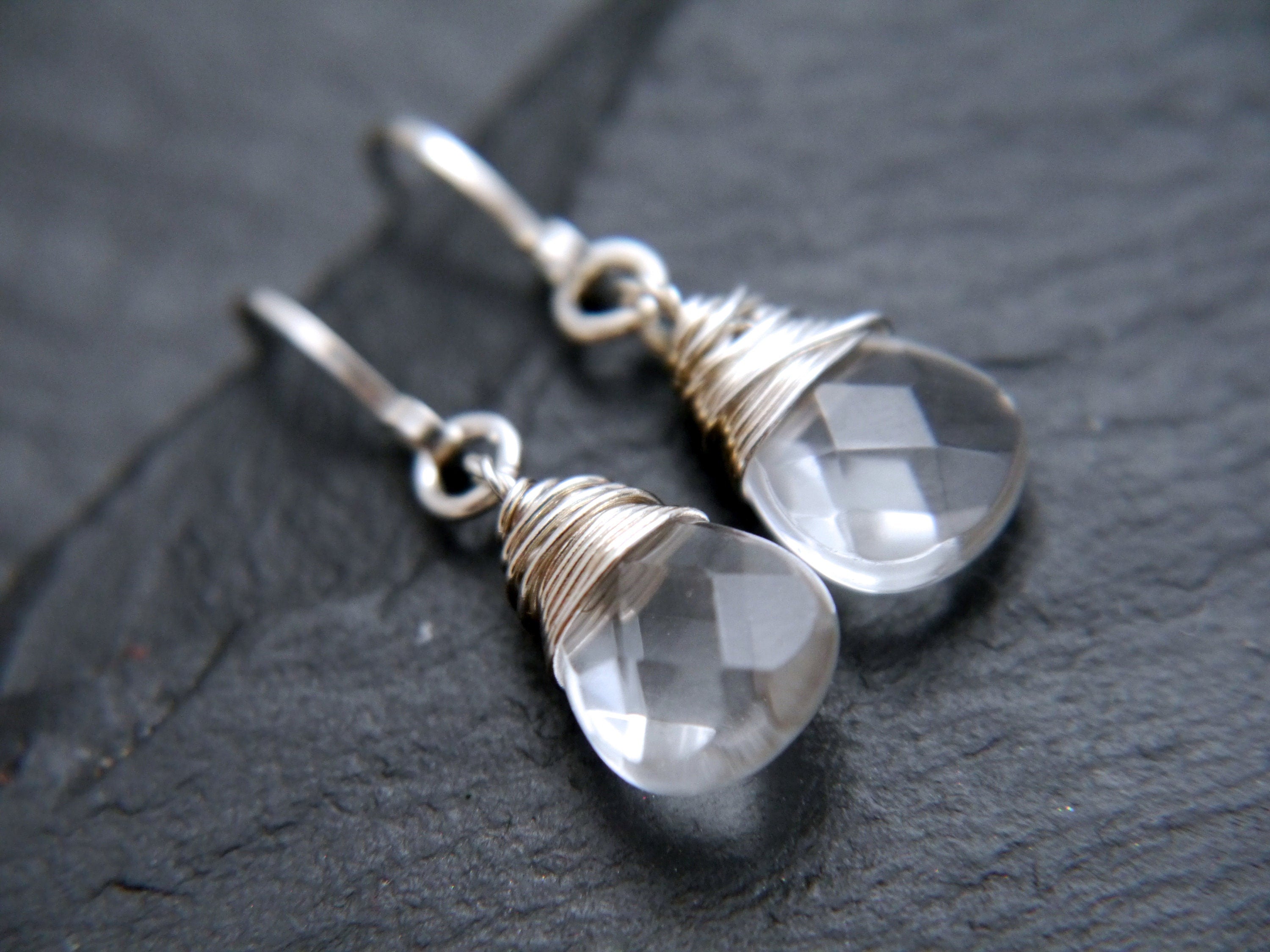 Clear Quartz Teardrop Gemstone Earrings, Sterling Silver, Minimalist