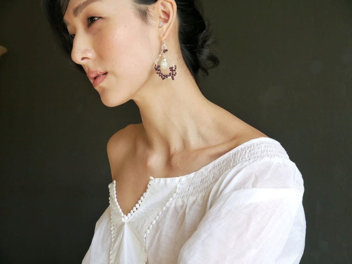 Aquamarine Garnet Floral Chandelier Gemstone Earrings, Sterling Silver Bridal Jewelry