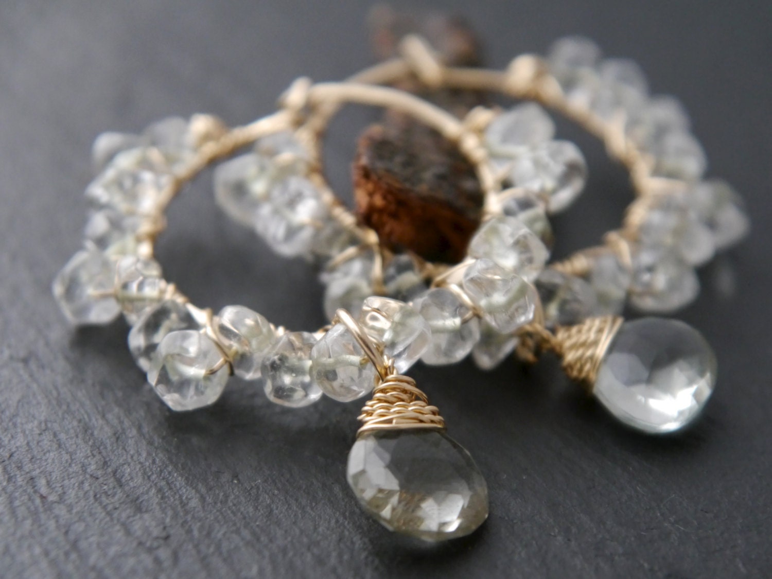 Green Amethyst Floral Hoop Gemstone Earrings, 14K Gold Filled Bohemian Style