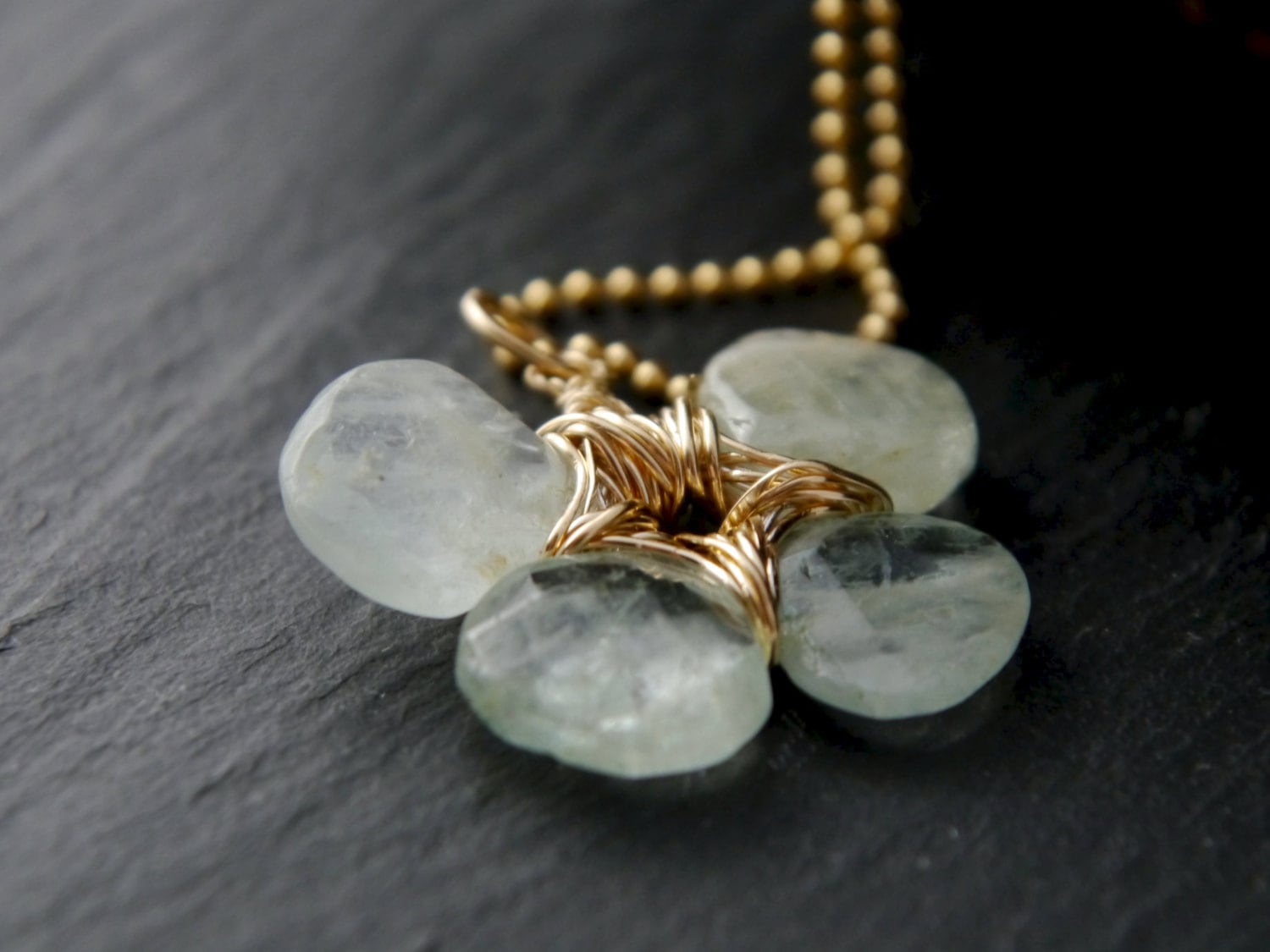 Aquamarine Clover Pendant Gemstone Necklace, 14K Gold Filled