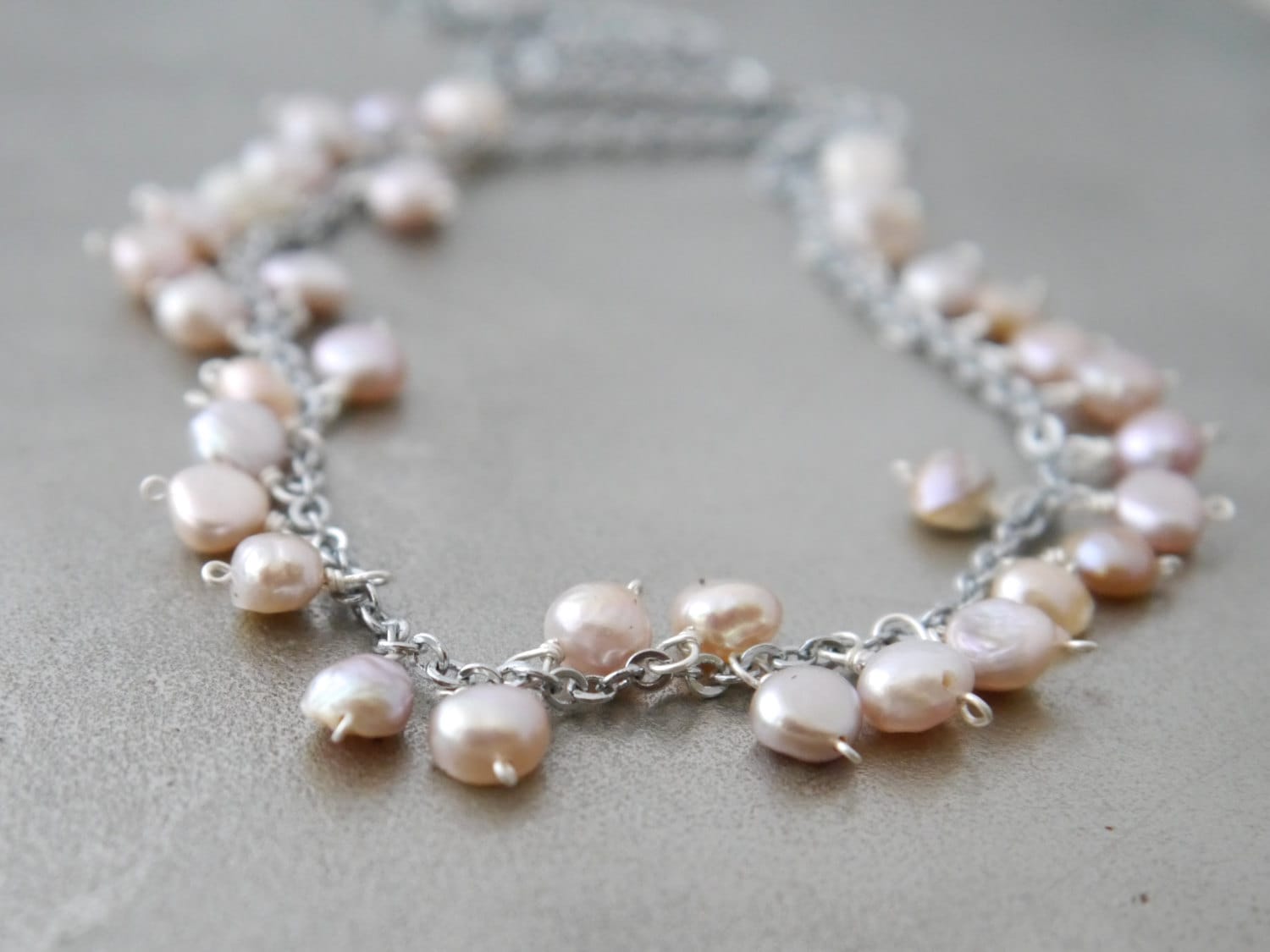 Pink Freshwater Pearl Floral Vine Gemstone Necklace, Sterling Silver, Wedding Jewelry
