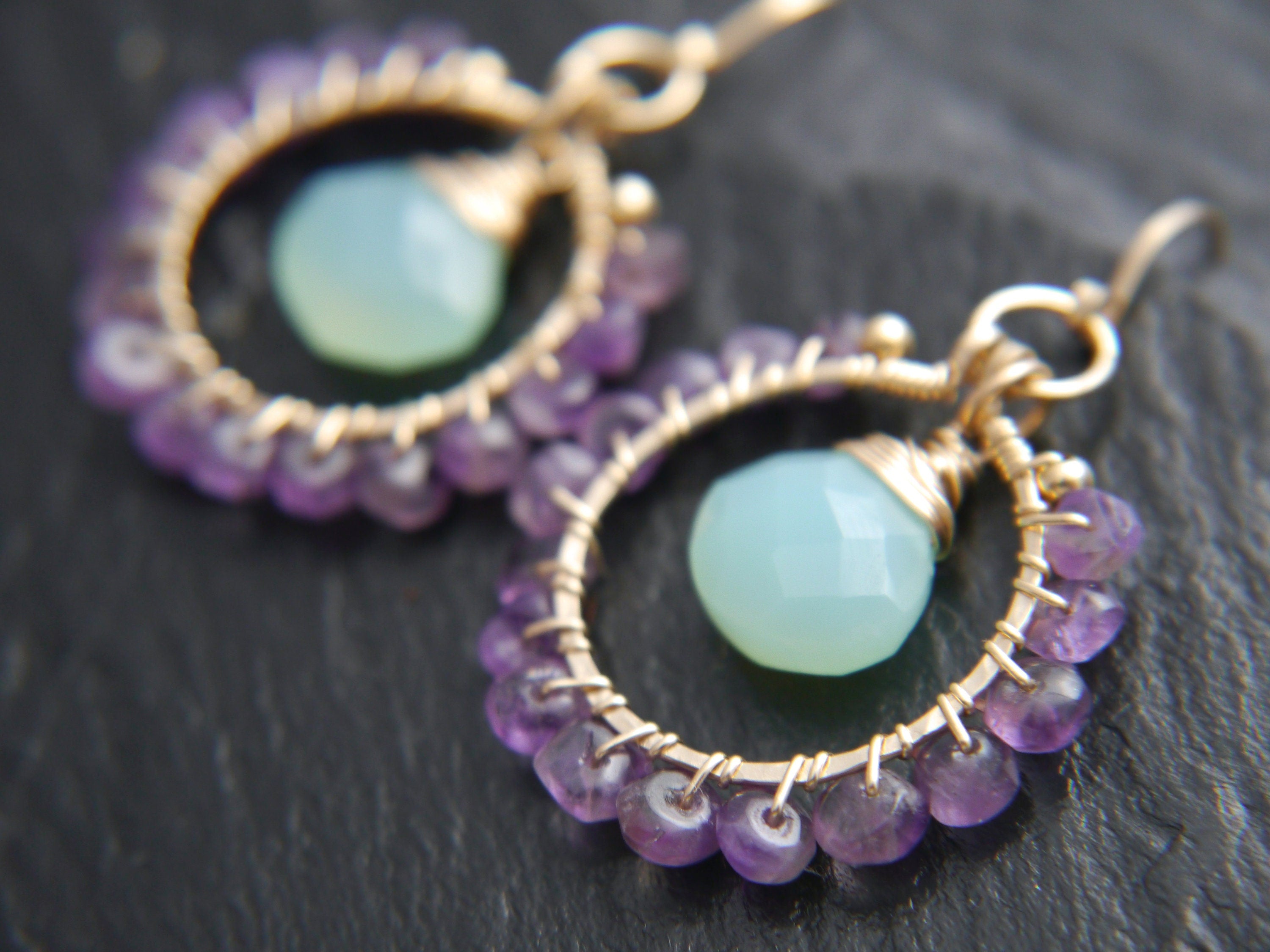 Amethyst Aqua Chalcedony Hoop Earrings, 14K Gold Filled Gemstone Hoops, Boho Jewelry
