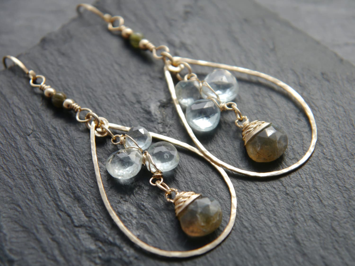 Aquamarine Labradorite Teardrop Floral Hoop Gemstone Earrings, 14K Gold Filled Bridal