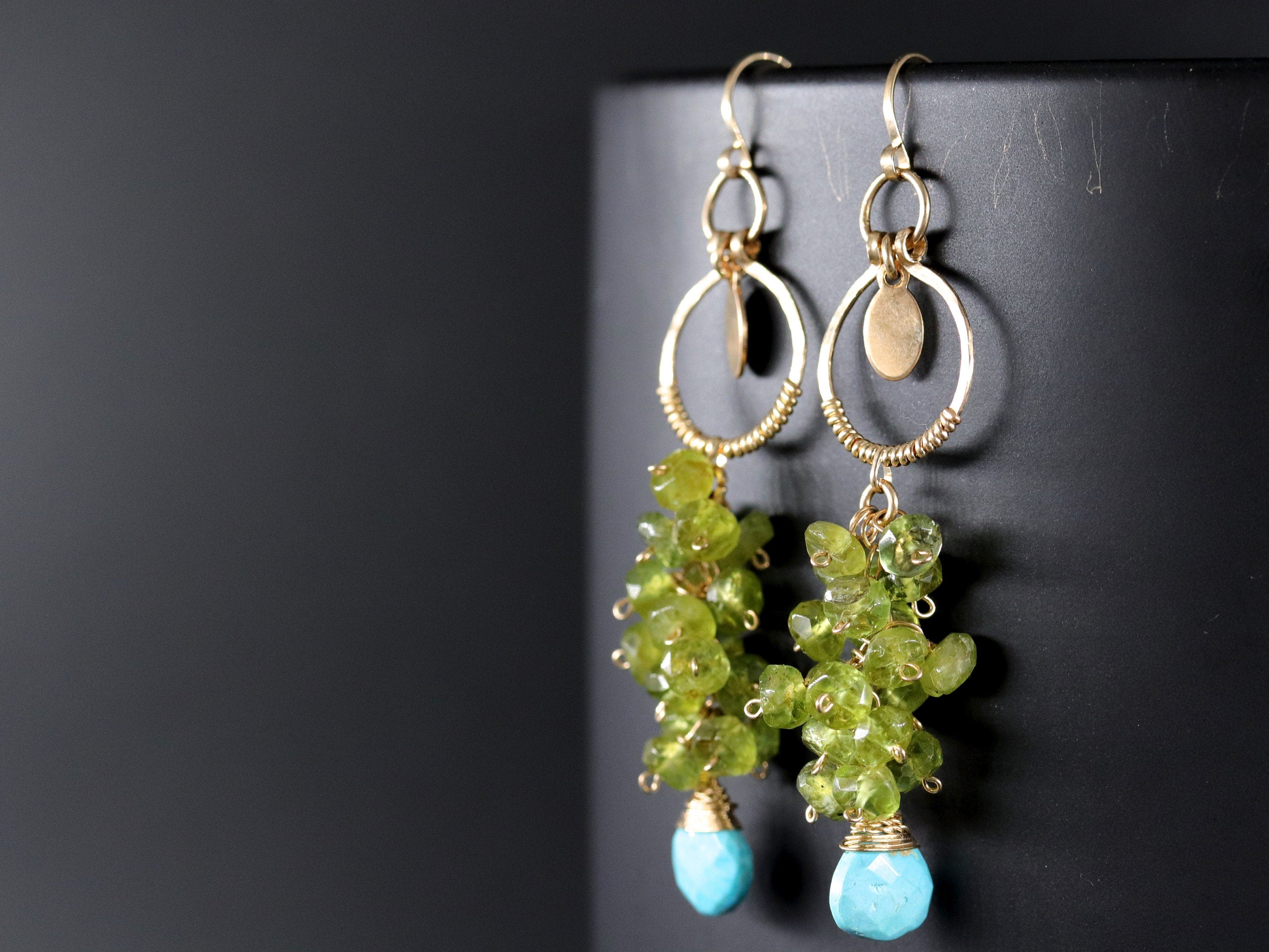 Turquoise Peridot Floral Cluster Long Dangle Gemstone Earrings, 14K Gold Filled