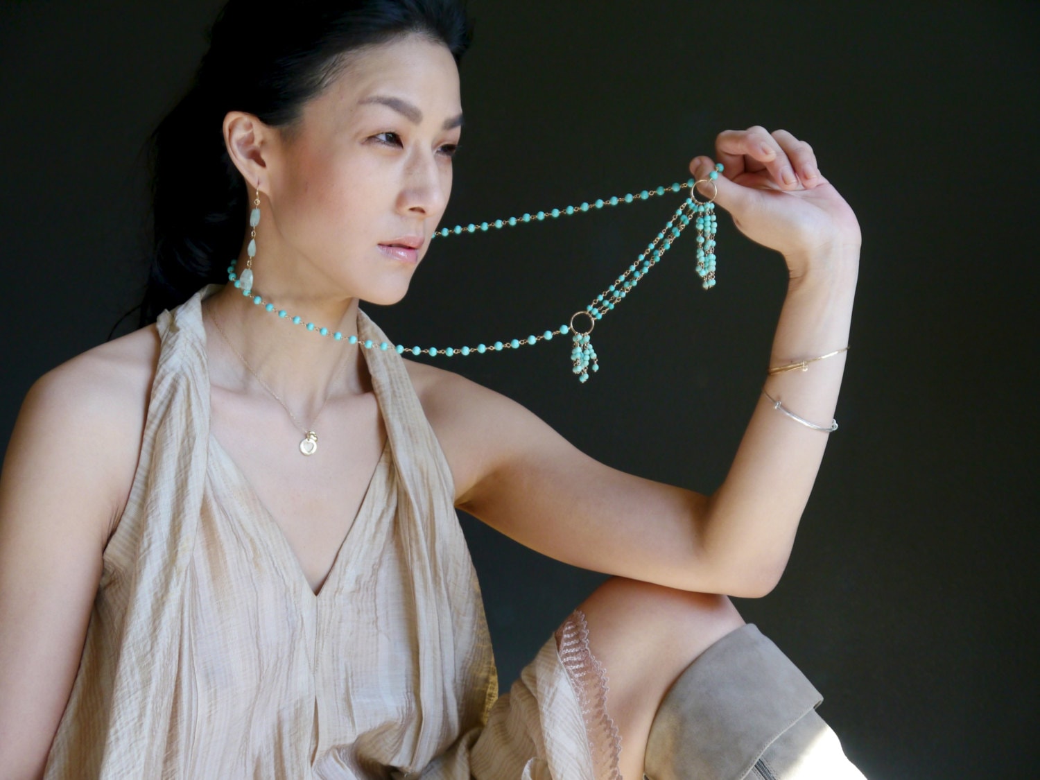 Turquoise Tassel Layering  Gemstone Necklace, 14K Gold Filled Statement Jewelry