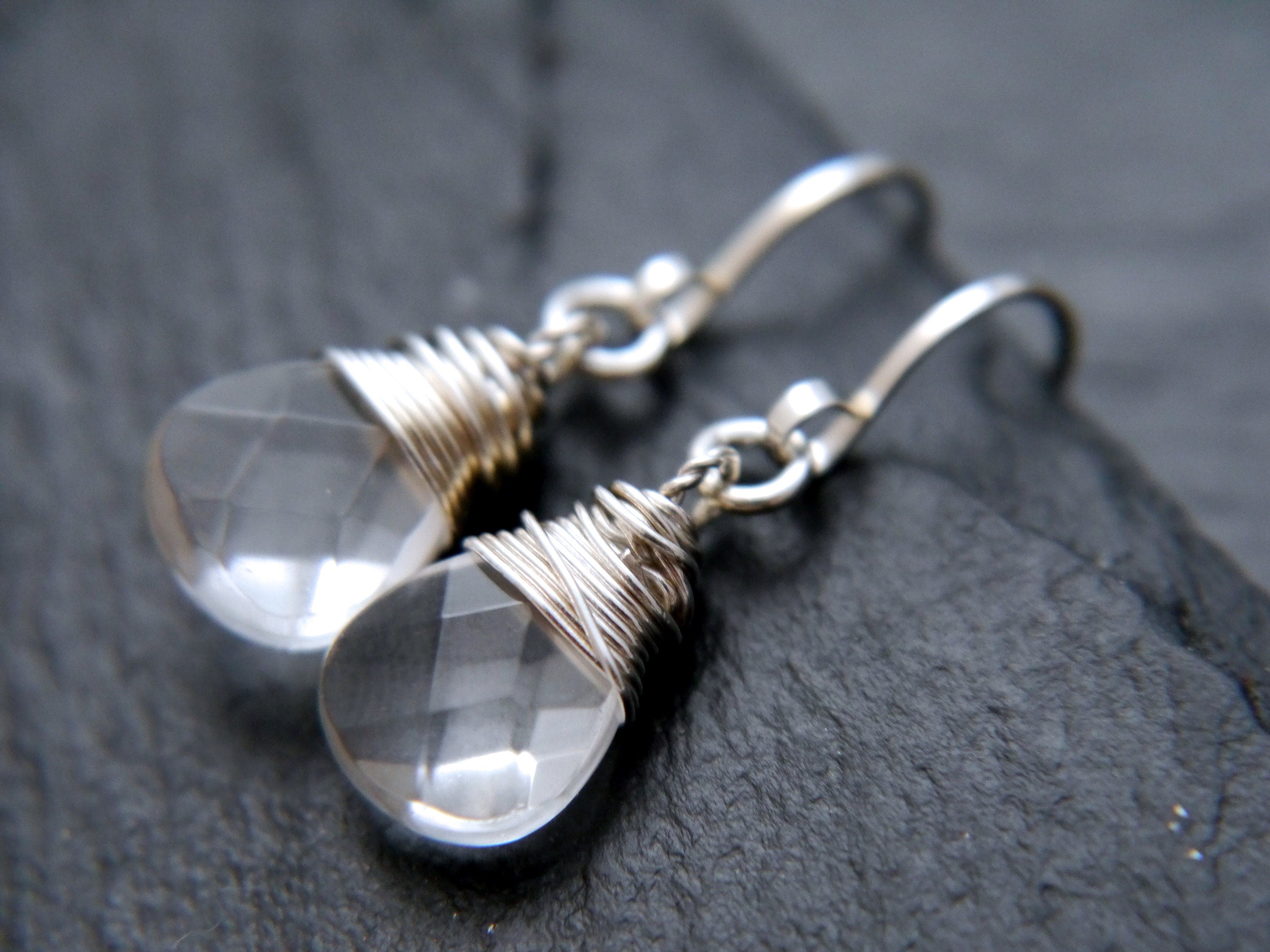 Clear Quartz Teardrop Gemstone Earrings, Sterling Silver, Minimalist