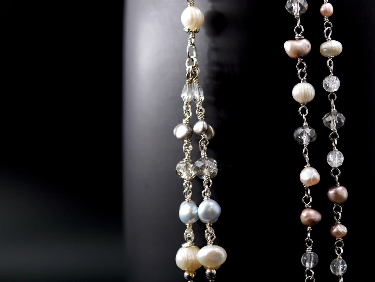 Freshwater Pearl Rosary Lariat Y Tassel Gemstone Necklace, Sterling Silver, Bohemian