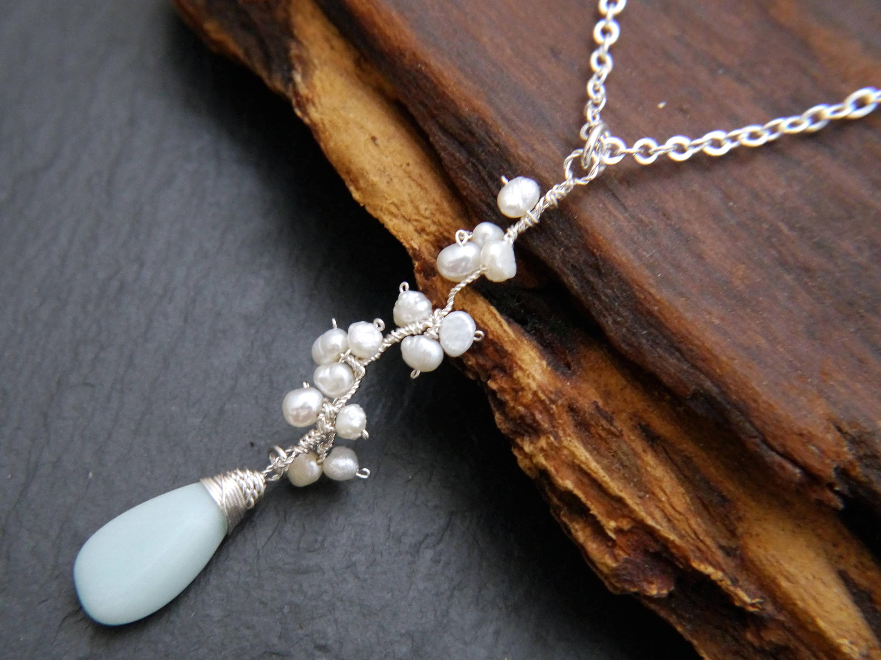 Amazonite White Pearl Floral Vine Pendant Gemstone Necklace, Sterling Silver, Wedding Jewelry