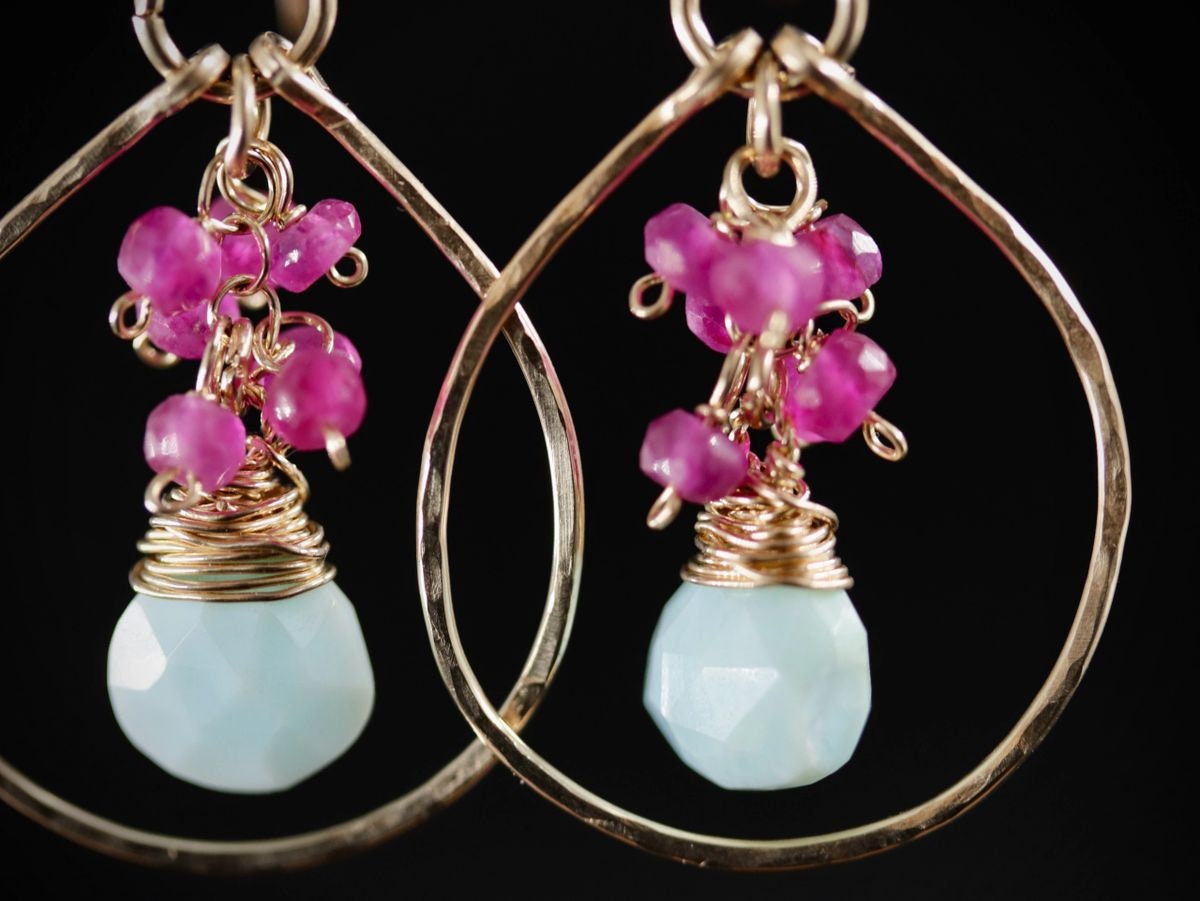 Peruvian Opal Ruby Floral Gemstone Earrings, 14K Gold Filled Bohemian Jewelry