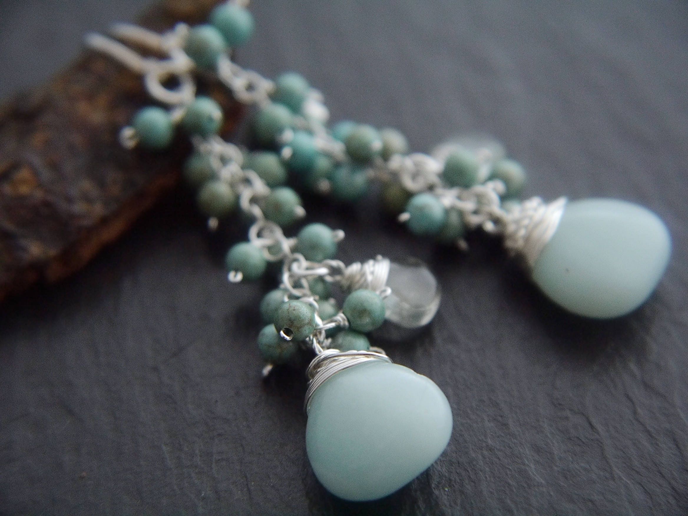 Amazonite Turquoise Magnesite Long Dangle Cluster Gemstone Earrings, Sterling Silver