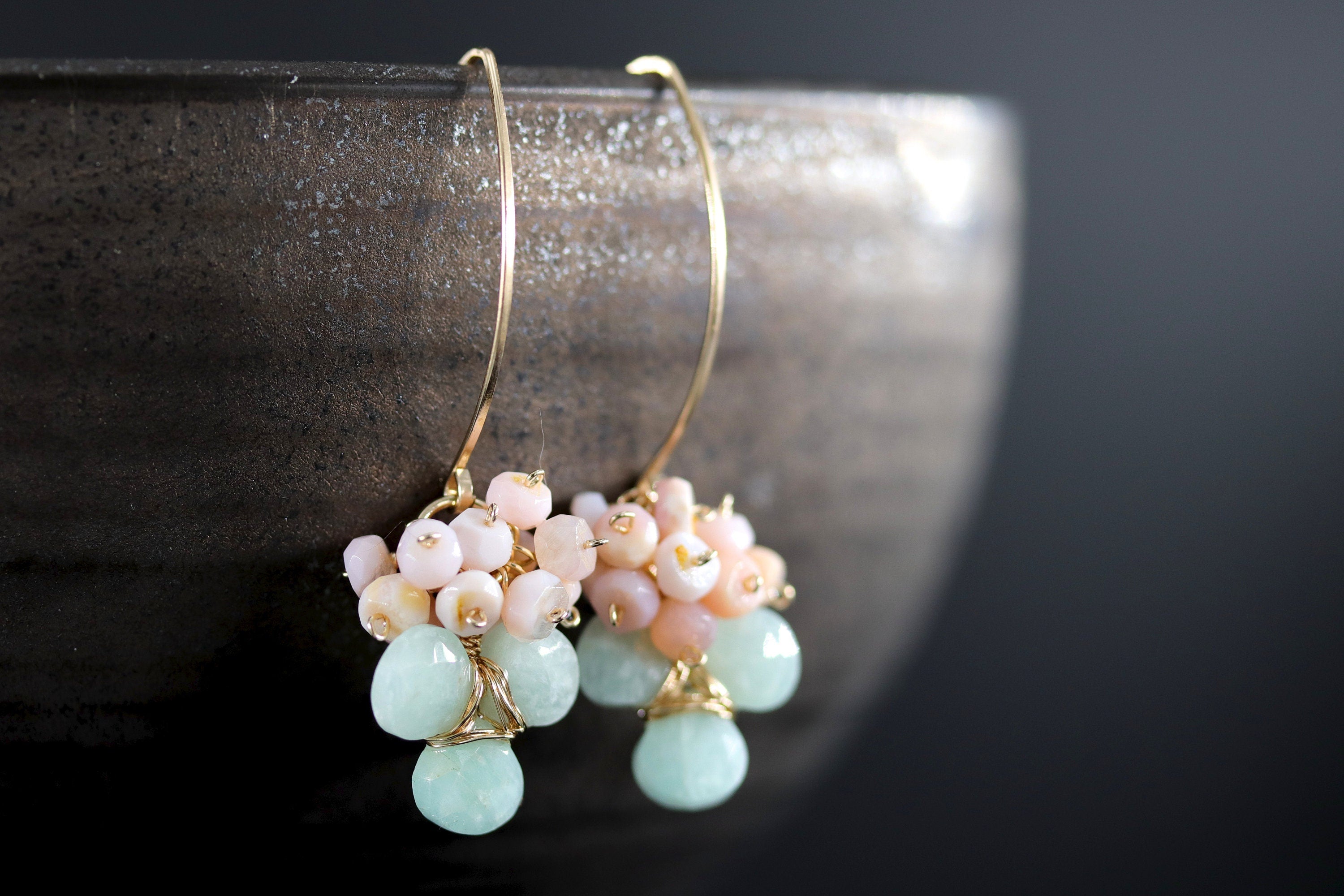 Pink Opal Floral Hoop Gemstone Earrings, 14K Gold Filled Garden Wedding