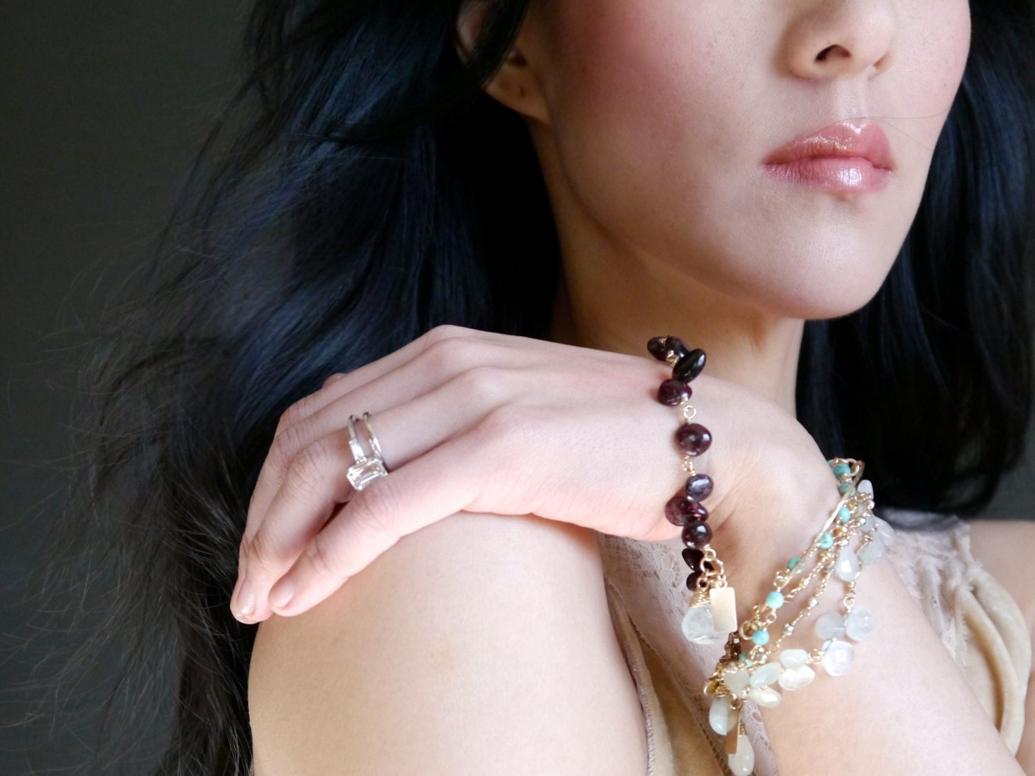 Garnet Floral Beaded Gemstone Bracelet, 14K Gold Filled January Birthstone Jewelry