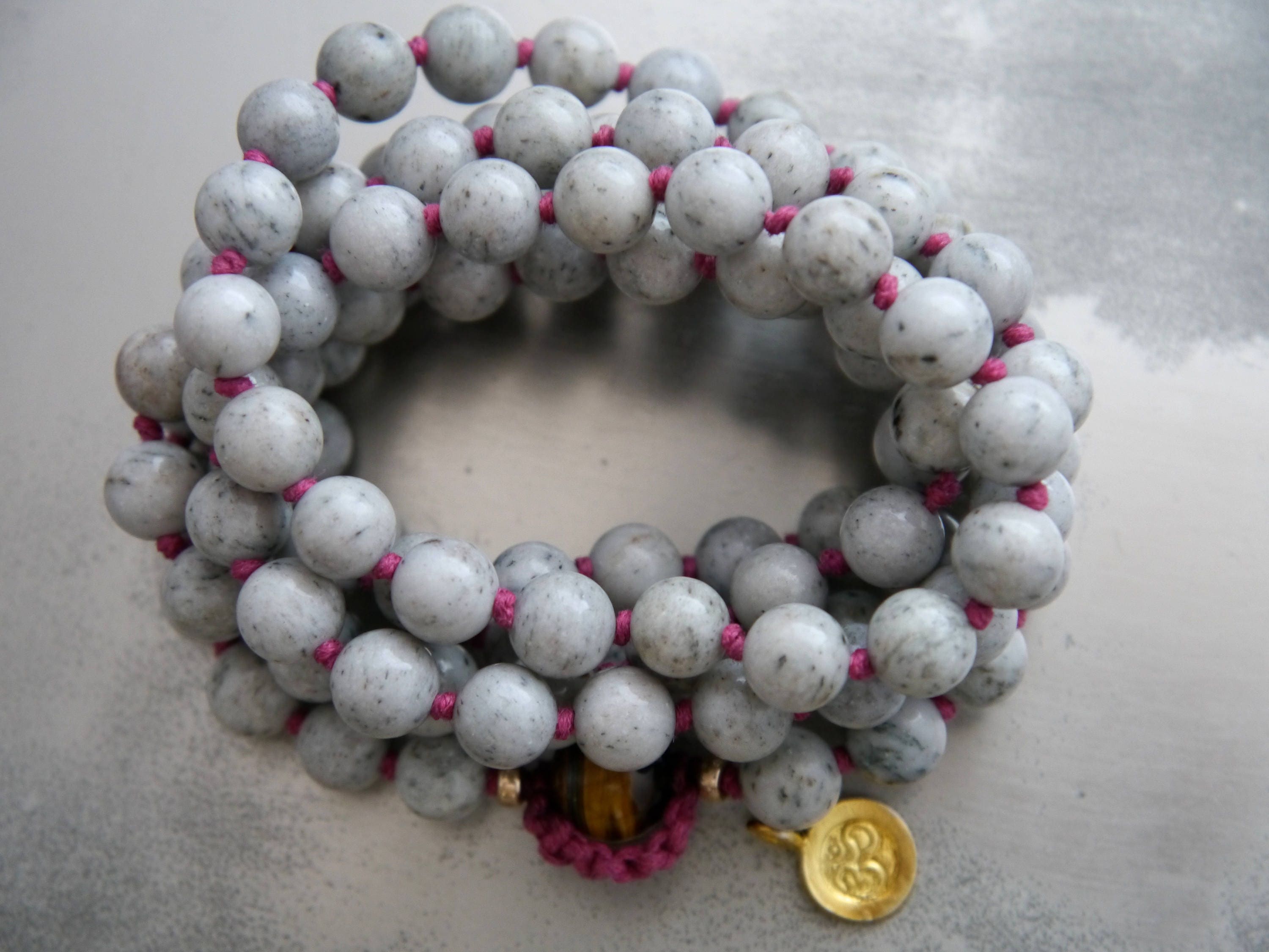 Gray Feldspar 108 Mala Bead , Wrap, Hand Knotted Tibetan Prayer Beads
