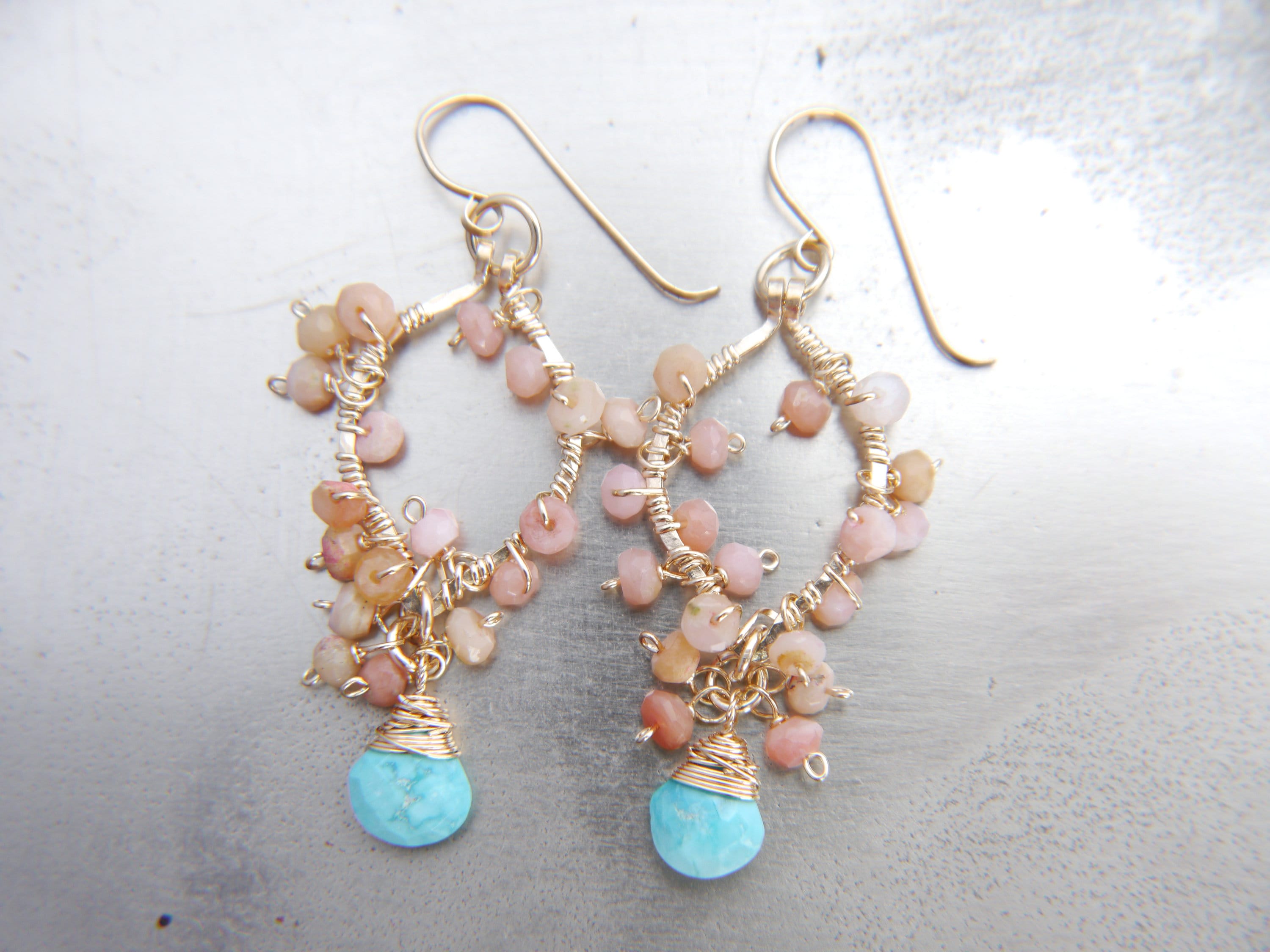 Turquoise Pink Opal Floral Gemstone Earrings, 14K Gold Filled Garden Wedding