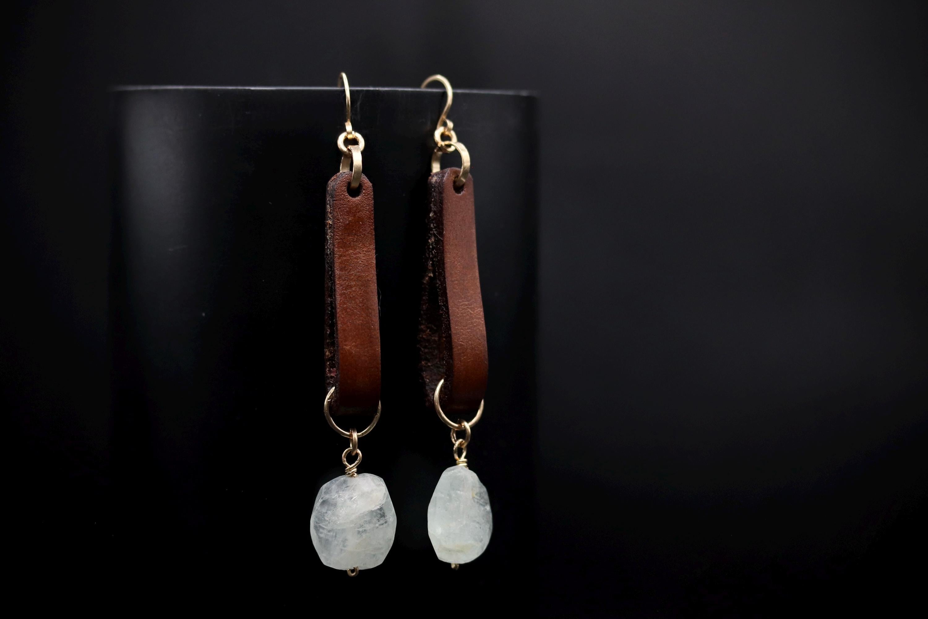 Boho Leather and Raw Cut Aquamarine Dangle Gemstone Earrings, 14K Gold Filled
