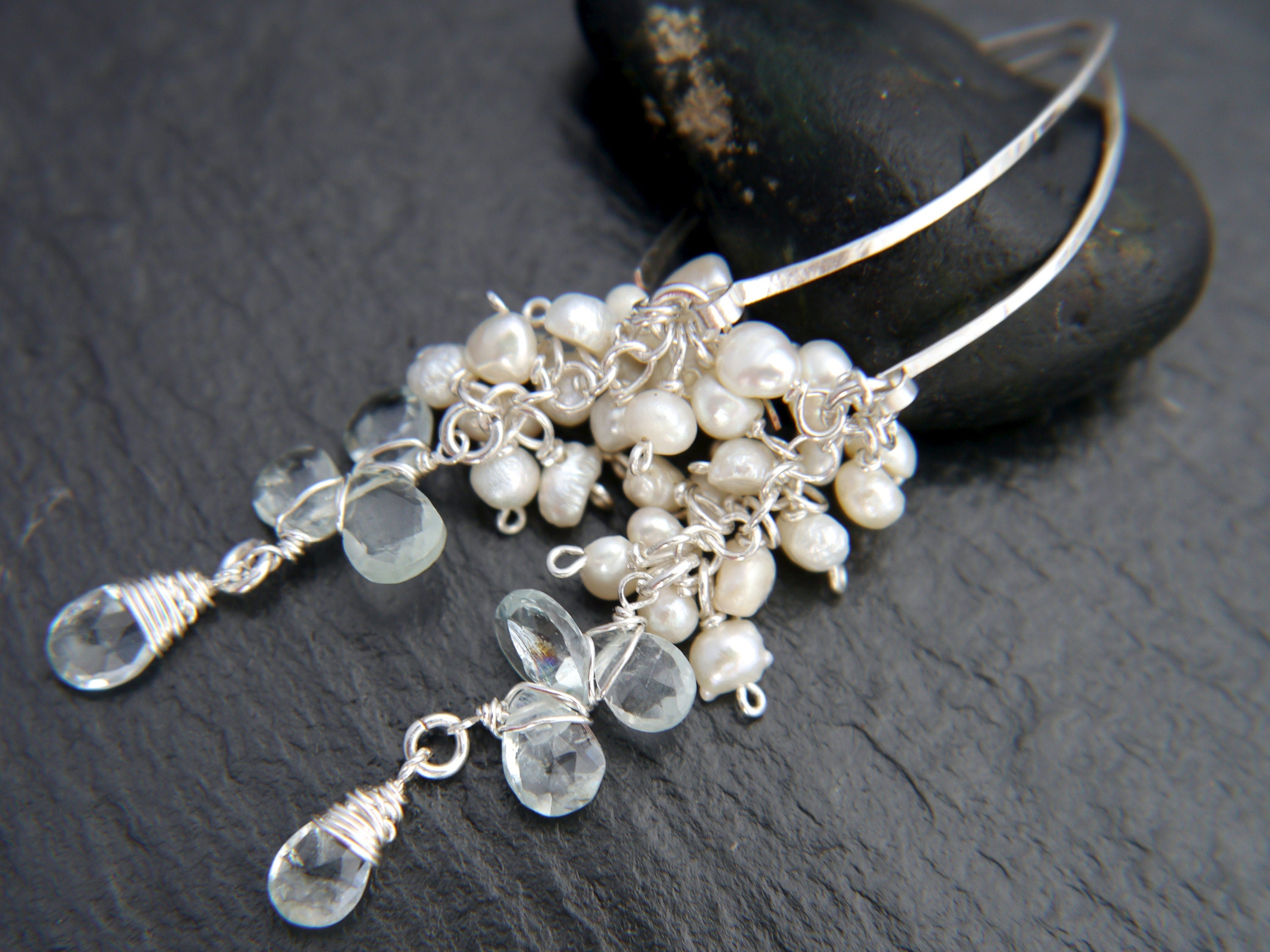 Aquamarine Pearl Long Dangle Floral Vine Gemstone Earrings, Sterling Silver Bridal