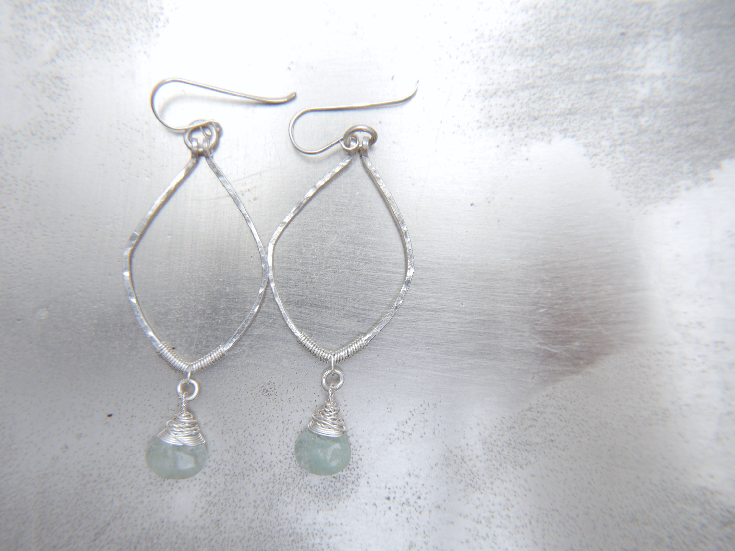 Aquamarine Leaf Dangle Gemstone Earrings, Sterling Silver, Nature Inspired