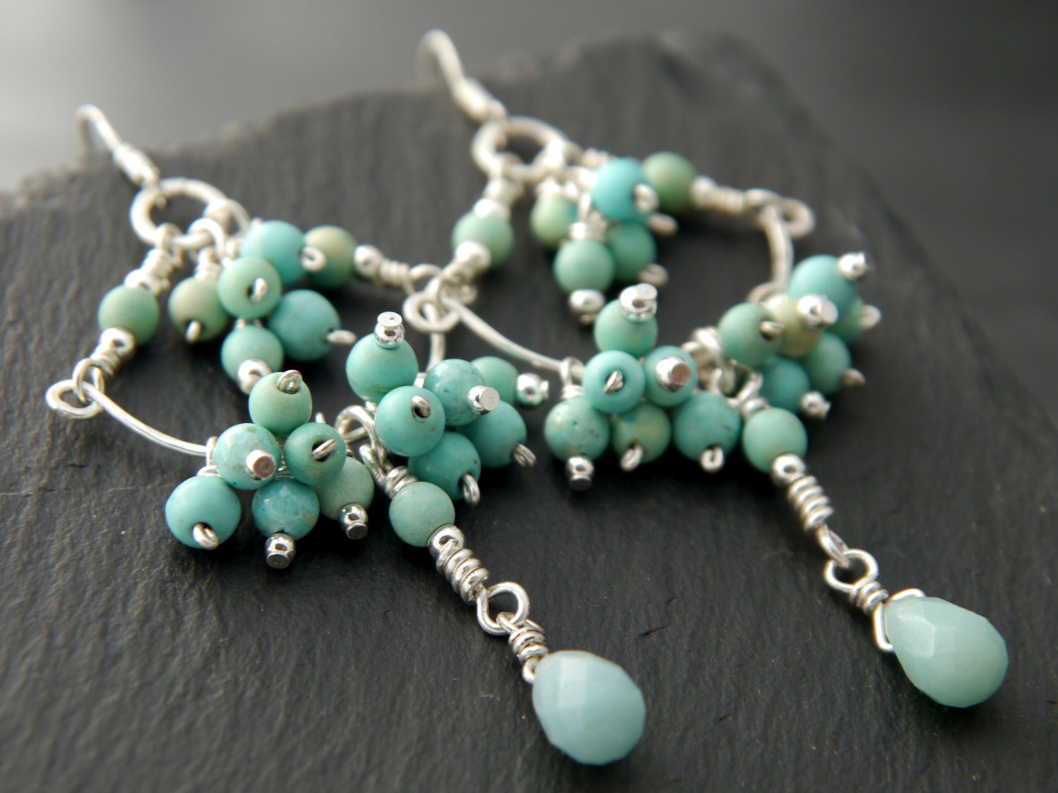 Amazonite Turquoise Magnesite Cluster Chandelier Gemstone Earrings, Sterling Silver