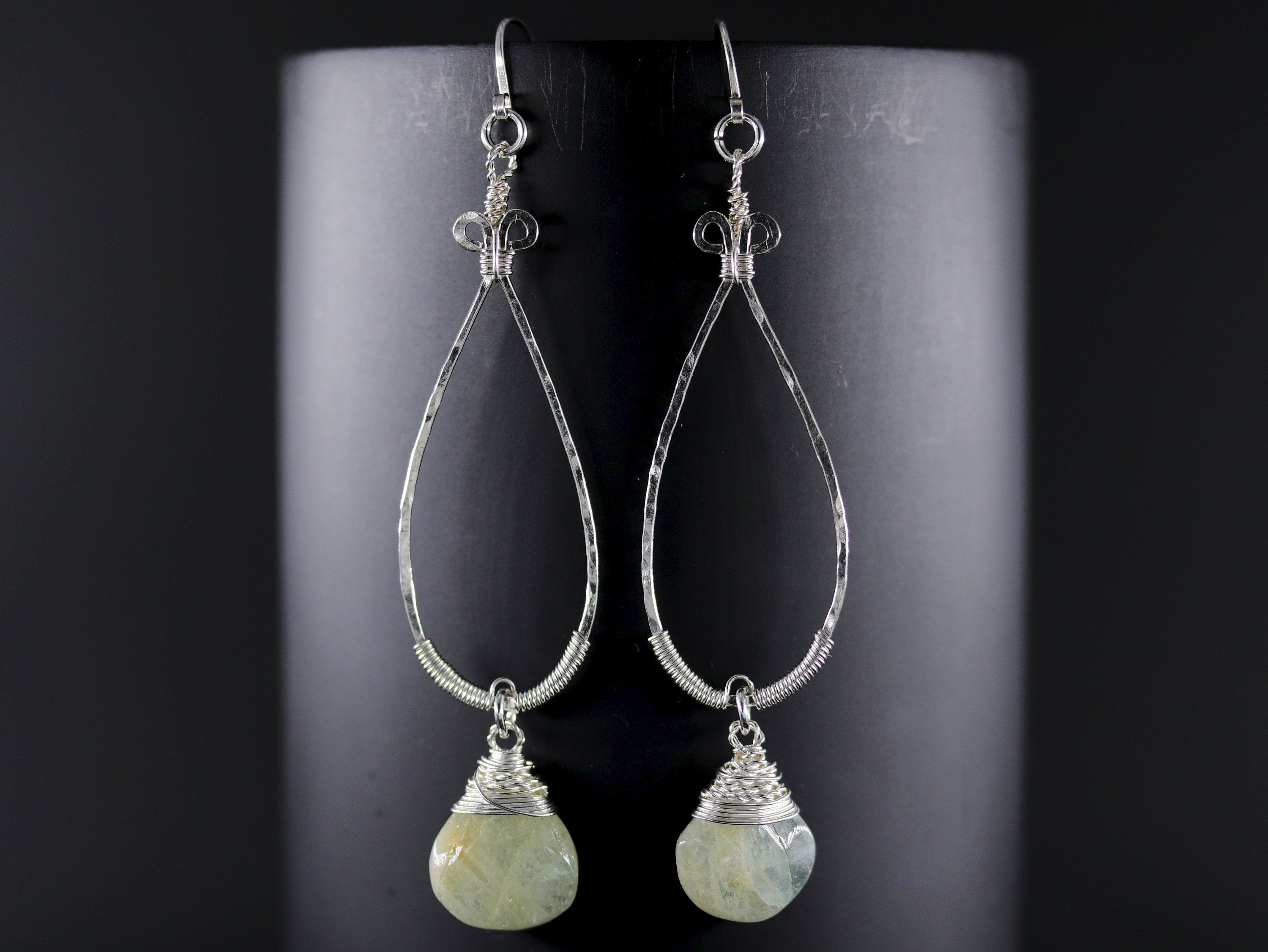 Wire Wrapped Aquamarine Teardrop Dangle Gemstone Earrings, Sterling Silver, Bridal