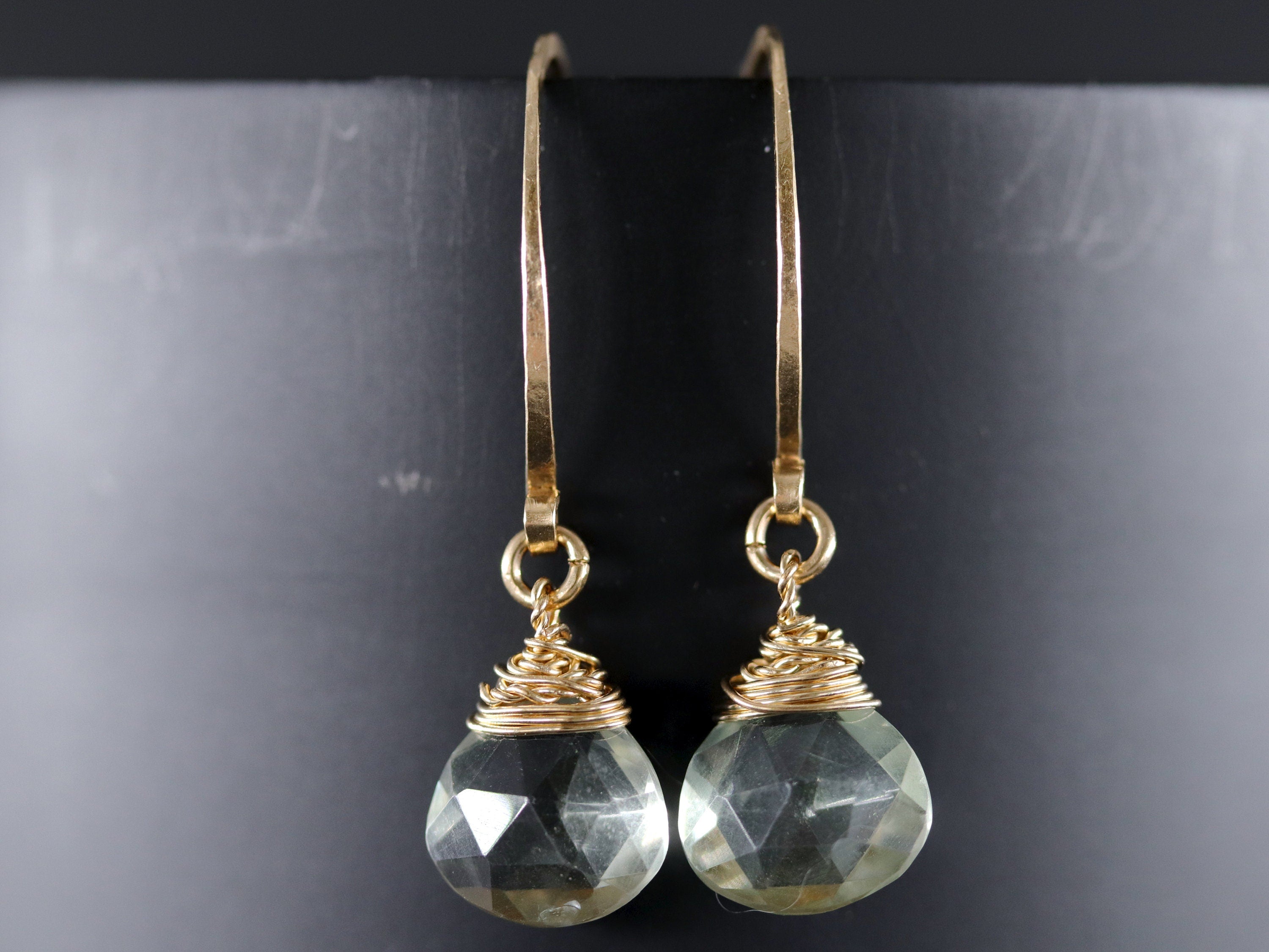 Green Amethyst Long Hoop Gemstone Earrings, 14K Gold Filled Classic Style