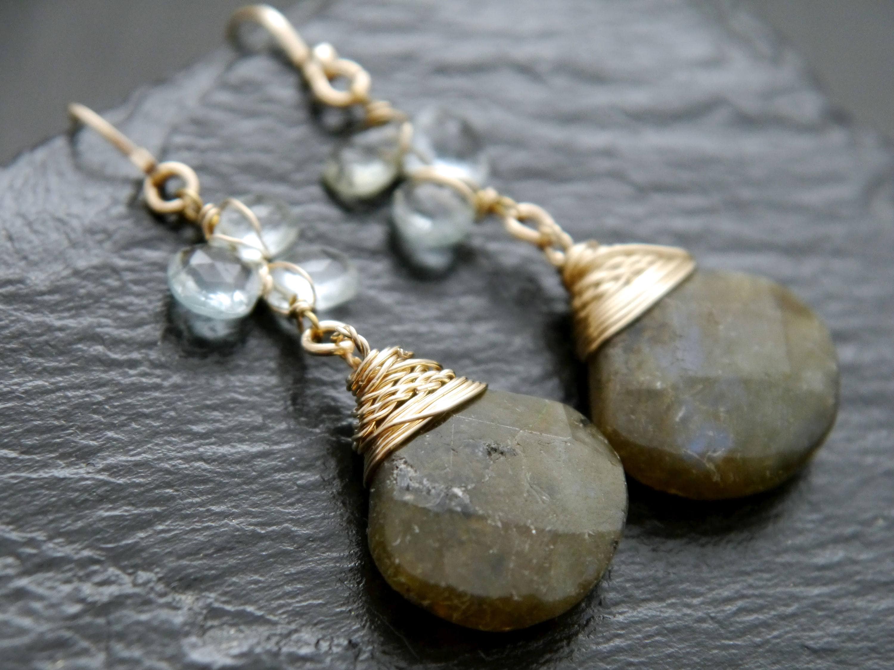 Aquamarine Labradorite Floral Teardrop Gemstone Earrings, 14K Gold Filled Bridal