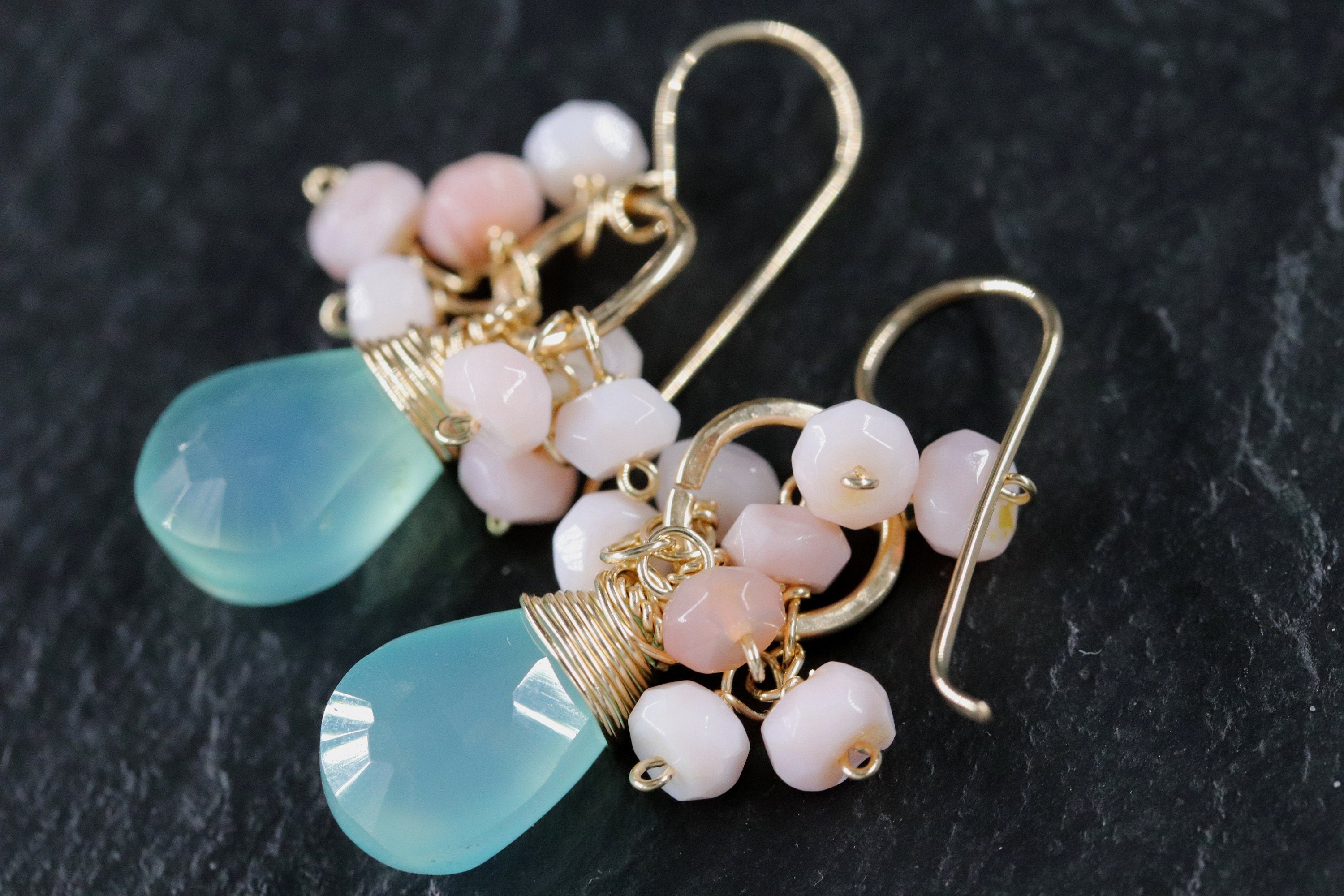 Aqua Chalcedony Briolette Pink Opal Cluster Gemstone Earrings, 14K Gold Filled Botanical Style