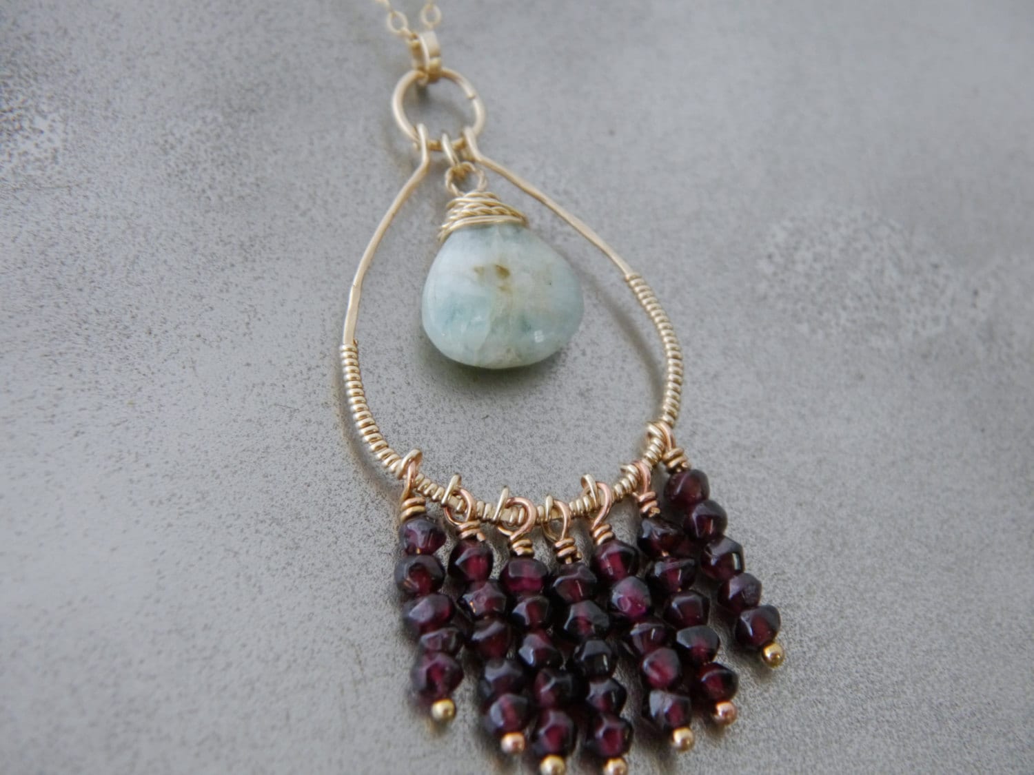 Aquamarine Garnet Tassel Pendant Necklace Gold Filled Statement Jewelry