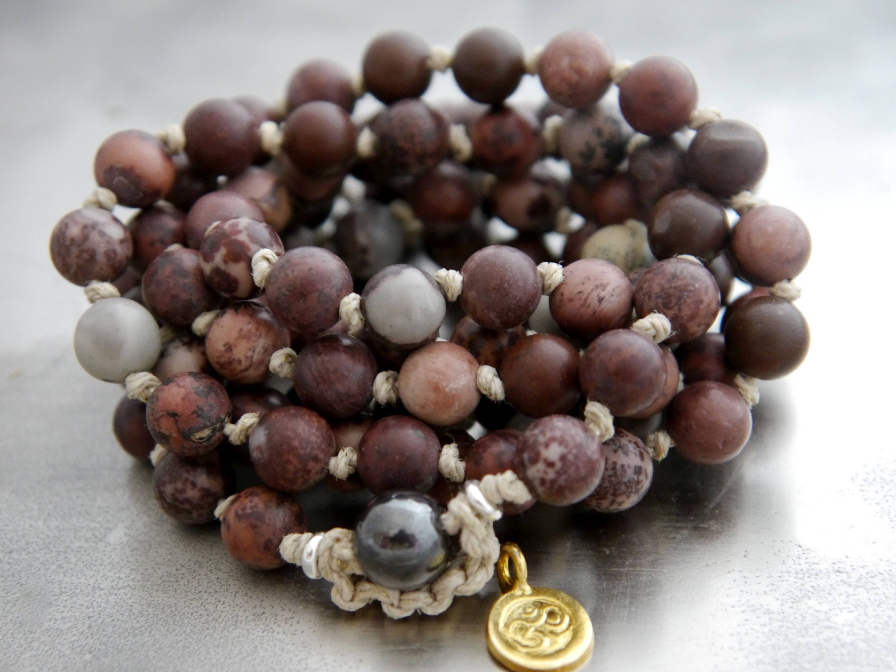 Crazy Horse Jasper Mala Beads, 108 Gemstone Beads, Wrap, Hand Knotted