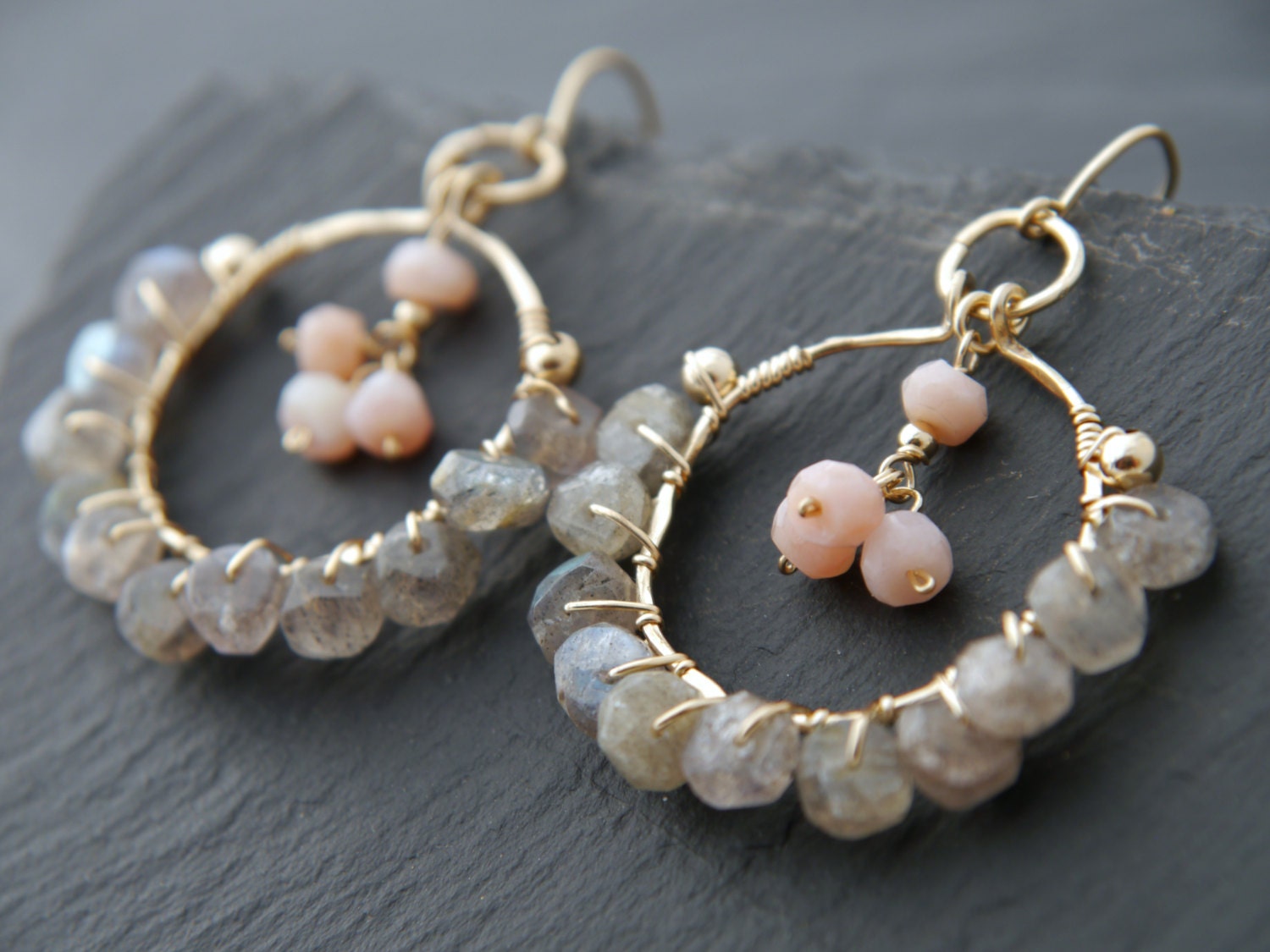 Labradorite Opal Floral Hoop Gemstone Earrings, 14K Gold Filled Bohemian Jewelry