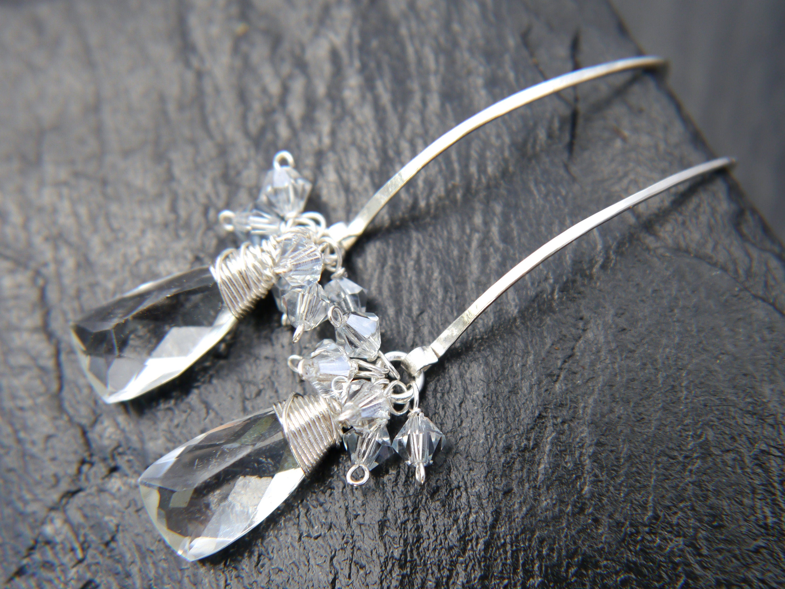 Quartz Crystal Long Hoop Gemstone Earrings, Sterling Silver, Classic Wedding
