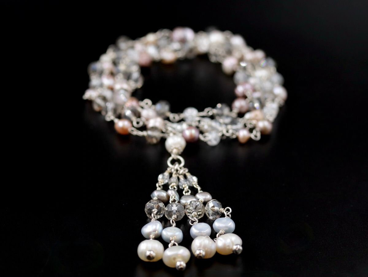 Freshwater Pearl Rosary Lariat Y Tassel Gemstone Necklace, Sterling Silver, Bohemian