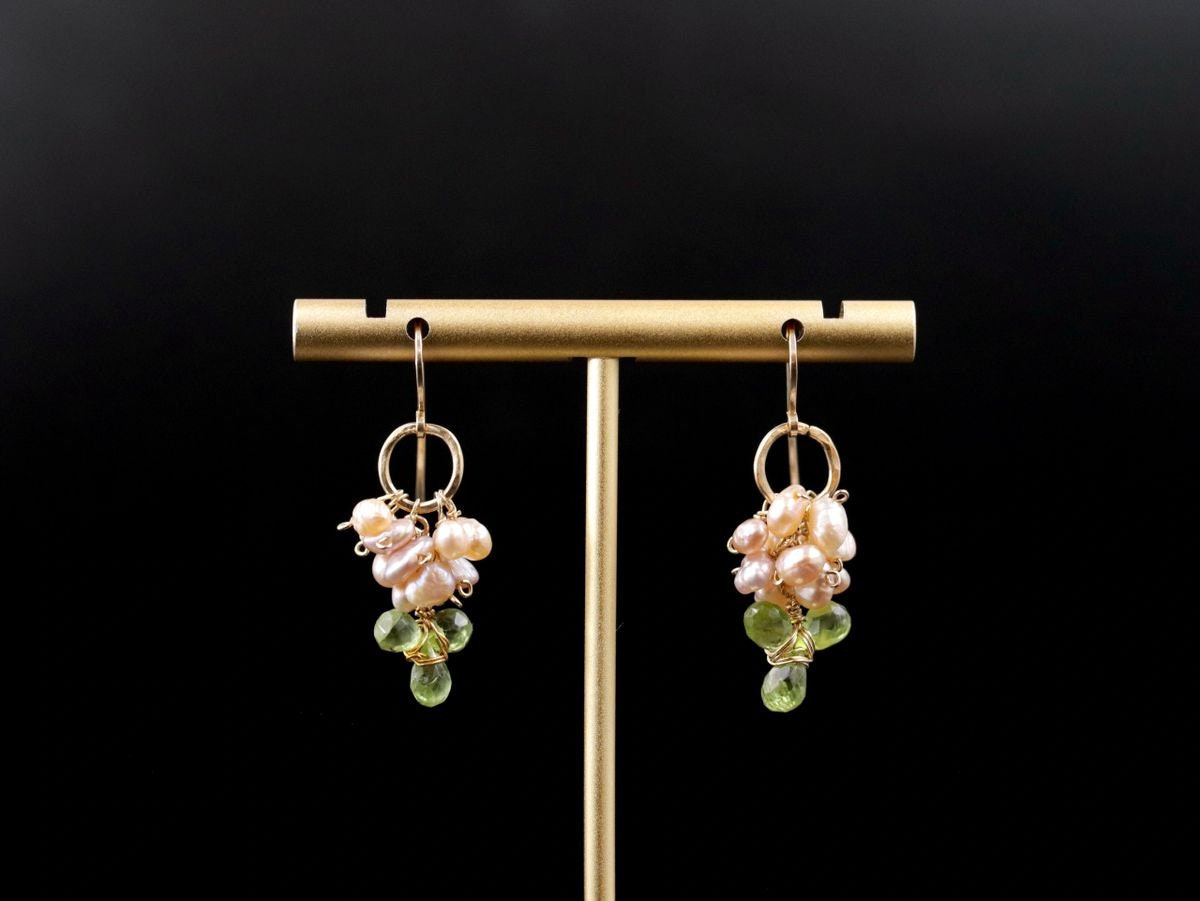 Peridot Pink Freshwater Pearl Floral Dangle Gemstone Earrings, 14K Gold Filled