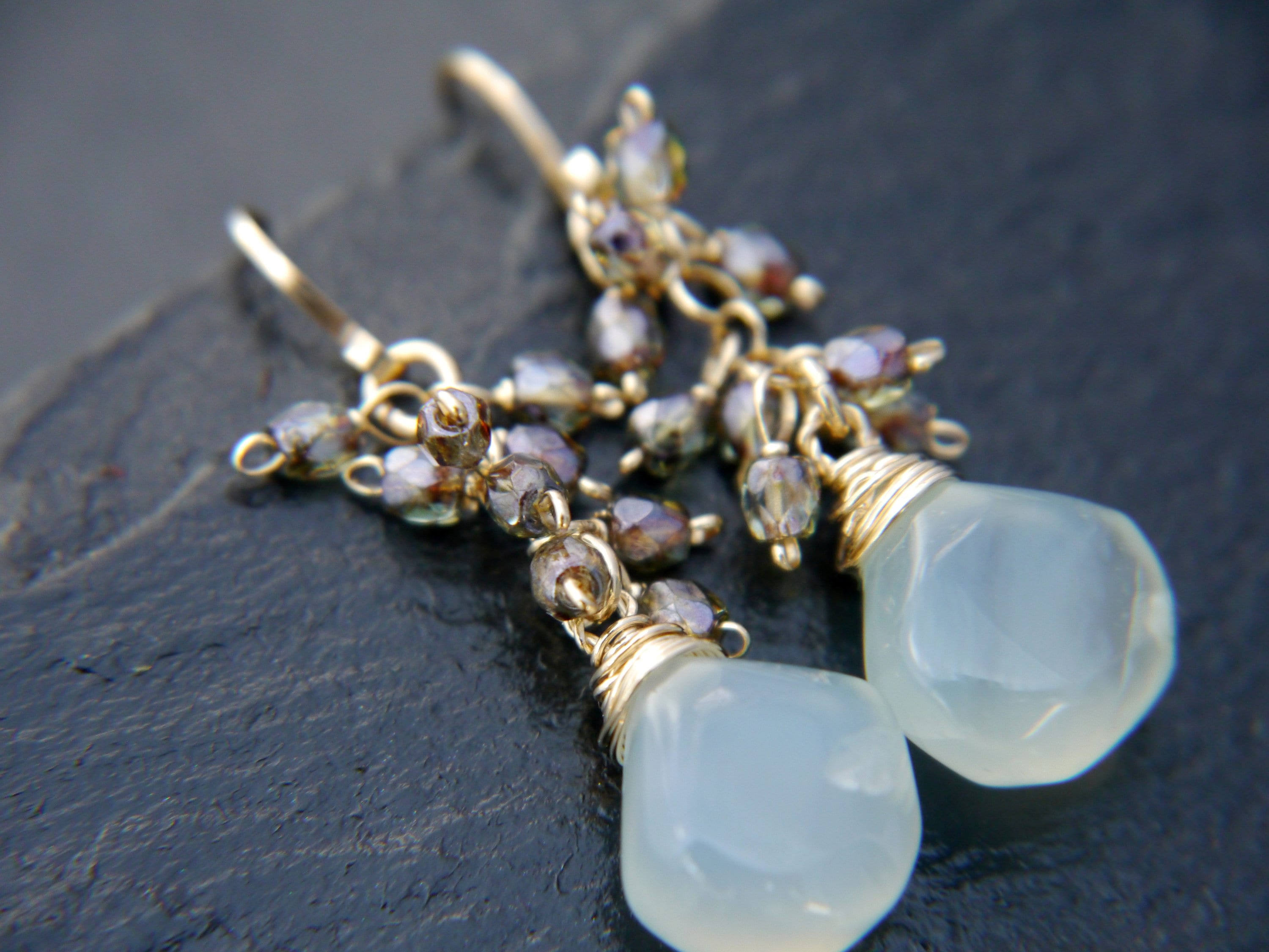 Aqua Chalcedony Cluster Teardrop Gemstone Earrings, 14K Gold Filled Classic Style