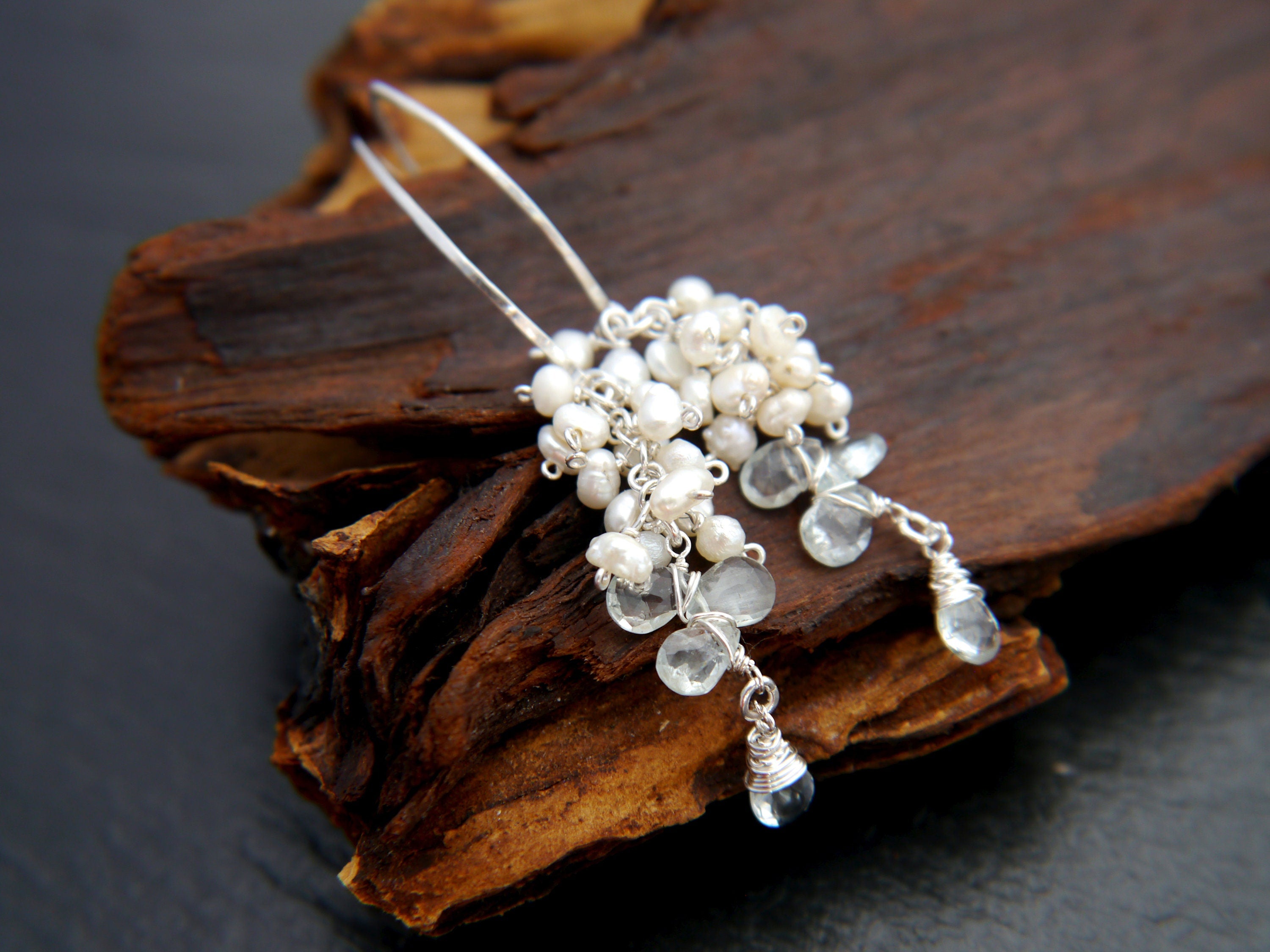 Aquamarine Pearl Long Dangle Floral Vine Gemstone Earrings, Sterling Silver Bridal