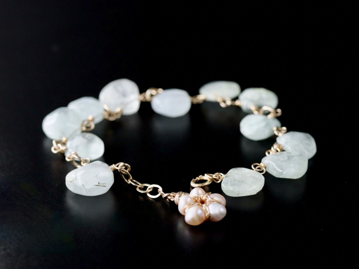 14K Gold Filled Aquamarine Pearl Floral Gemstone Bracelet, March Birthstone Bridal Jewelry