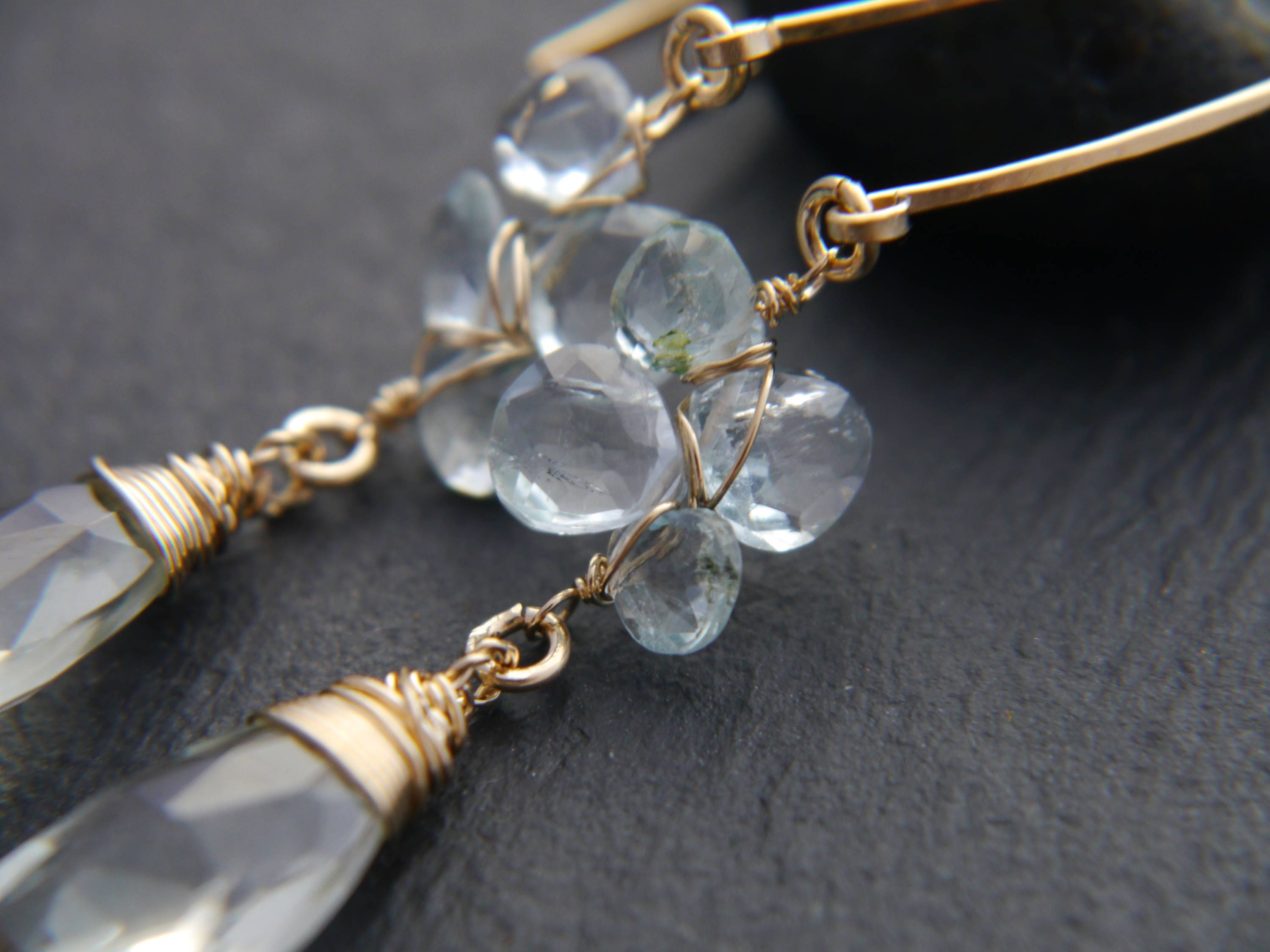 Aquamarine Green Amethyst Long Dangle Trillion Gemstone Earrings, 14K Gold Filled Bridal
