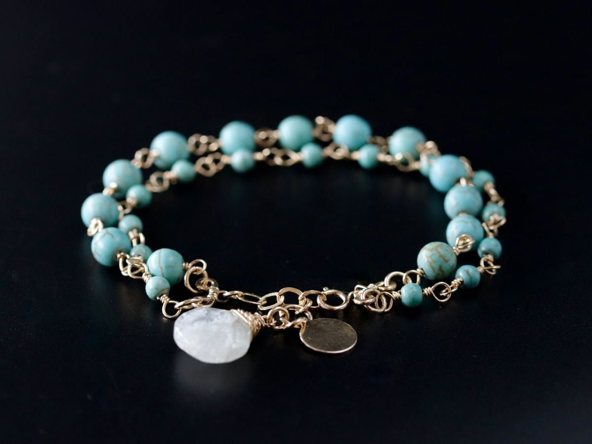 Turquoise Magnesite Aquamarine Layering Gemstone Bracelet – 14K Gold Filled Chain, March Birthstone
