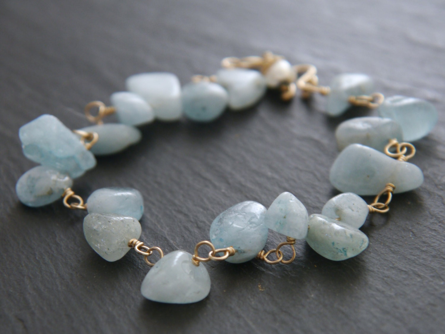 14K Gold Filled Aquamarine Gemstone Bracelet, March Birthstone, Floral Vine Statement Jewelry