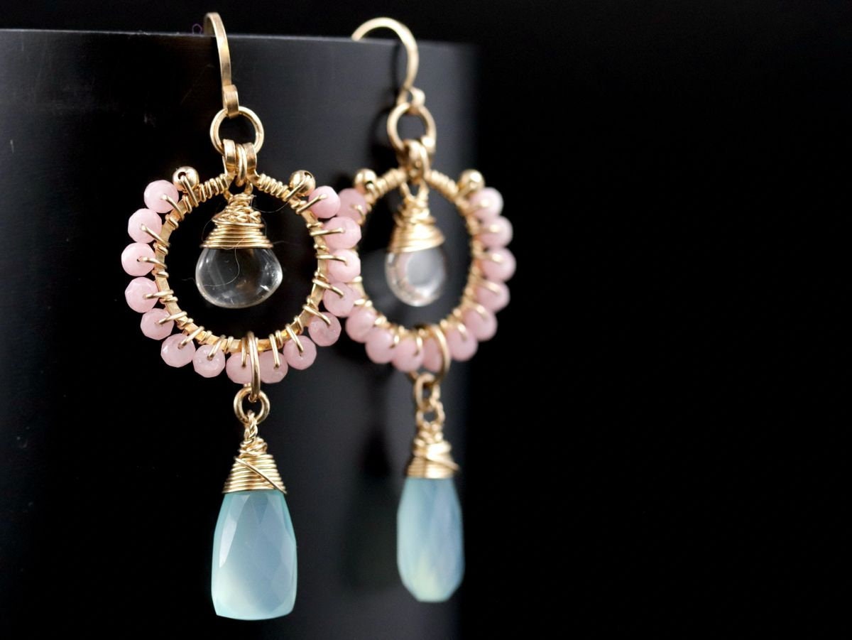 Pink Opal Chalcedony Trillion Briolette Floral Gemstone Earrings, 14K Gold Filled Bohemian Style