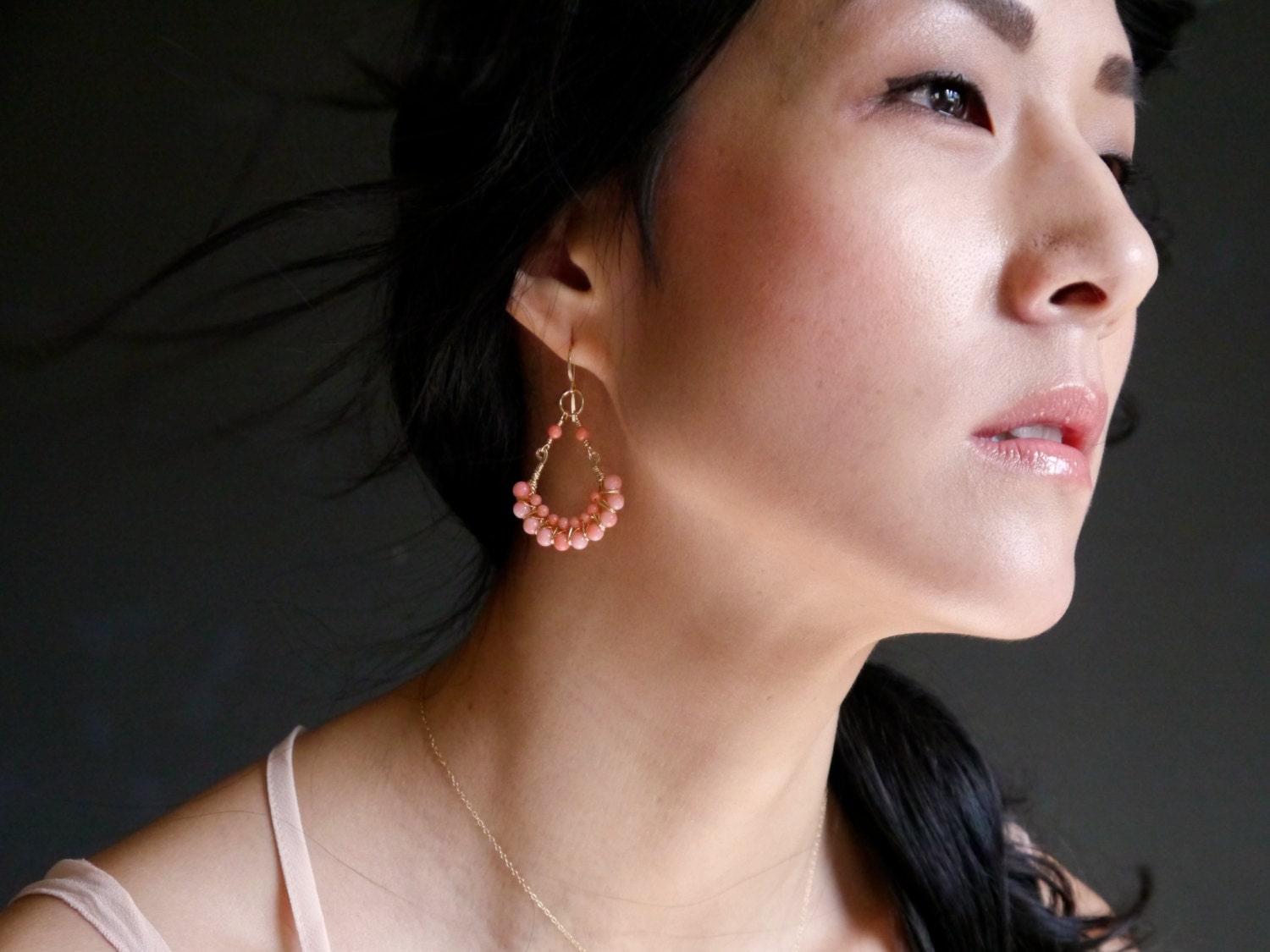 Pink Coral Chandelier Gemstone Earrings, 14K Gold Filled Bohemian Style