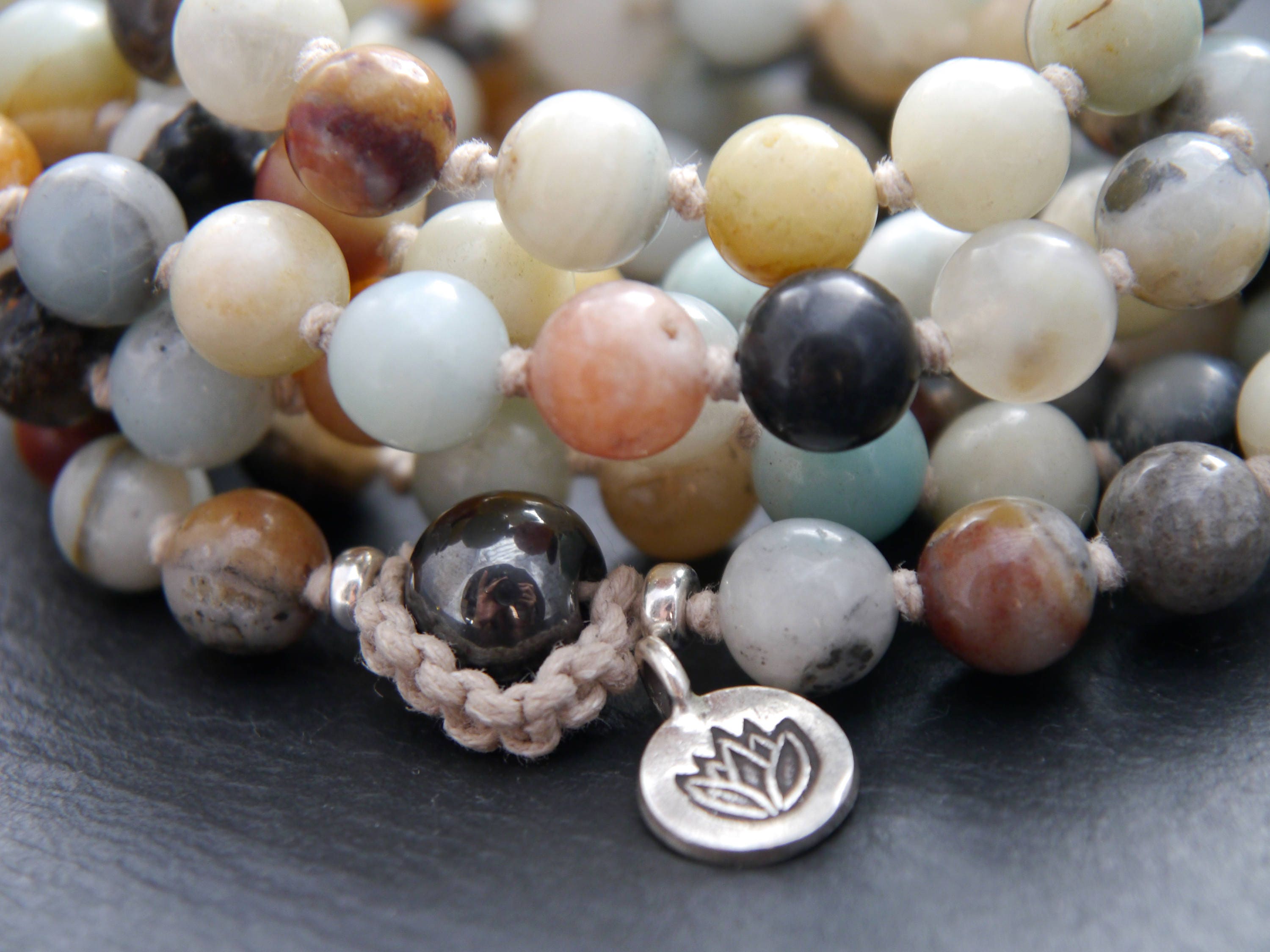 Multicolor Flower Amazonite Mala Beads, 108 Gemstone Beads, Wrap, Hand Knotted