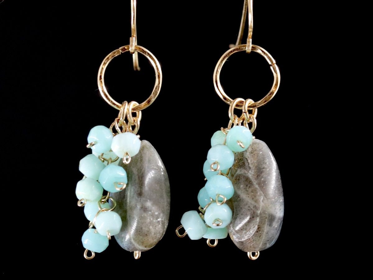 Labradorite Blue Opal Dangle Gemstone Earrings, 14K Gold Filled Celestial Style