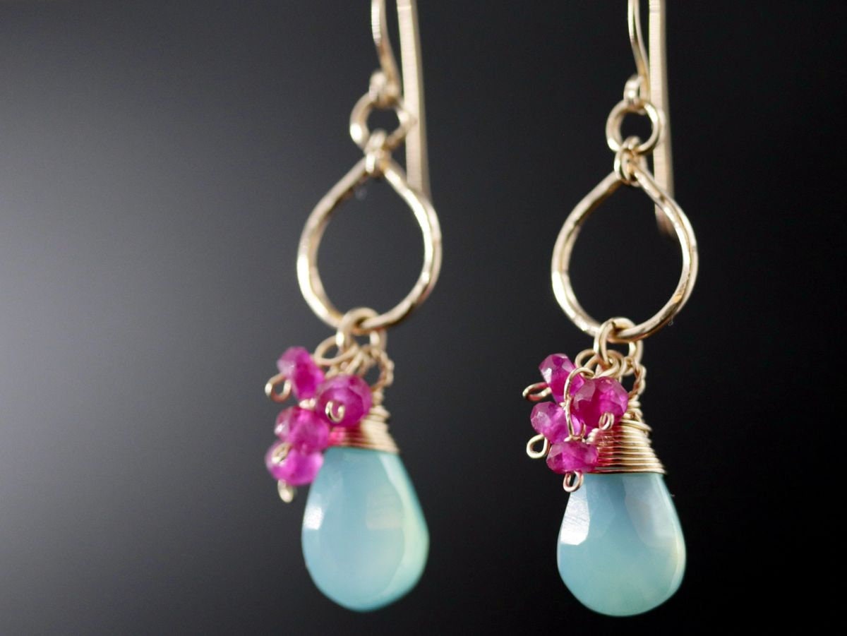 Aqua Chalcedony Ruby Floral Gemstone Earrings, 14K Gold Filled Boho Jewelry