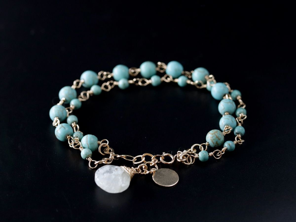 Turquoise Magnesite Aquamarine Layering Gemstone Bracelet – 14K Gold Filled Chain, March Birthstone